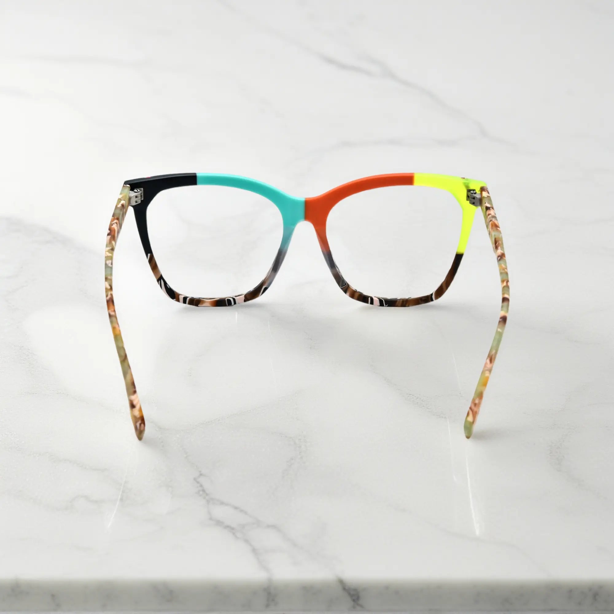 VoyueLens VL19343 Sunset Orange & Teal Mix matte acetate square eyeglasses (unisex) are shown from the back view, highlighting the colorful temple arms.