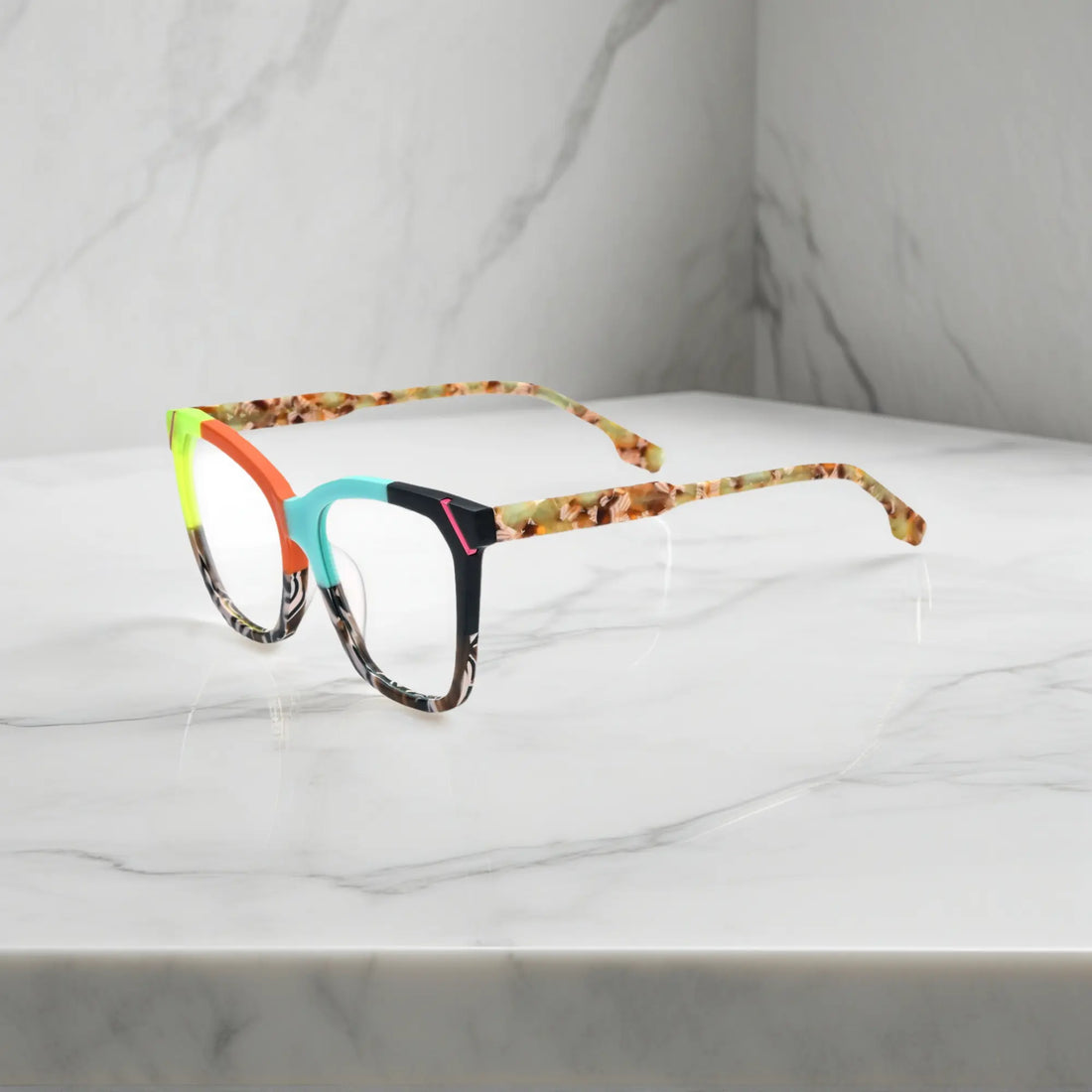 VoyueLens VL19343 Sunset Orange & Teal Mix matte acetate square eyeglasses (unisex) are shown from the side view, highlighting the profile of the colorful matte acetate frame.
