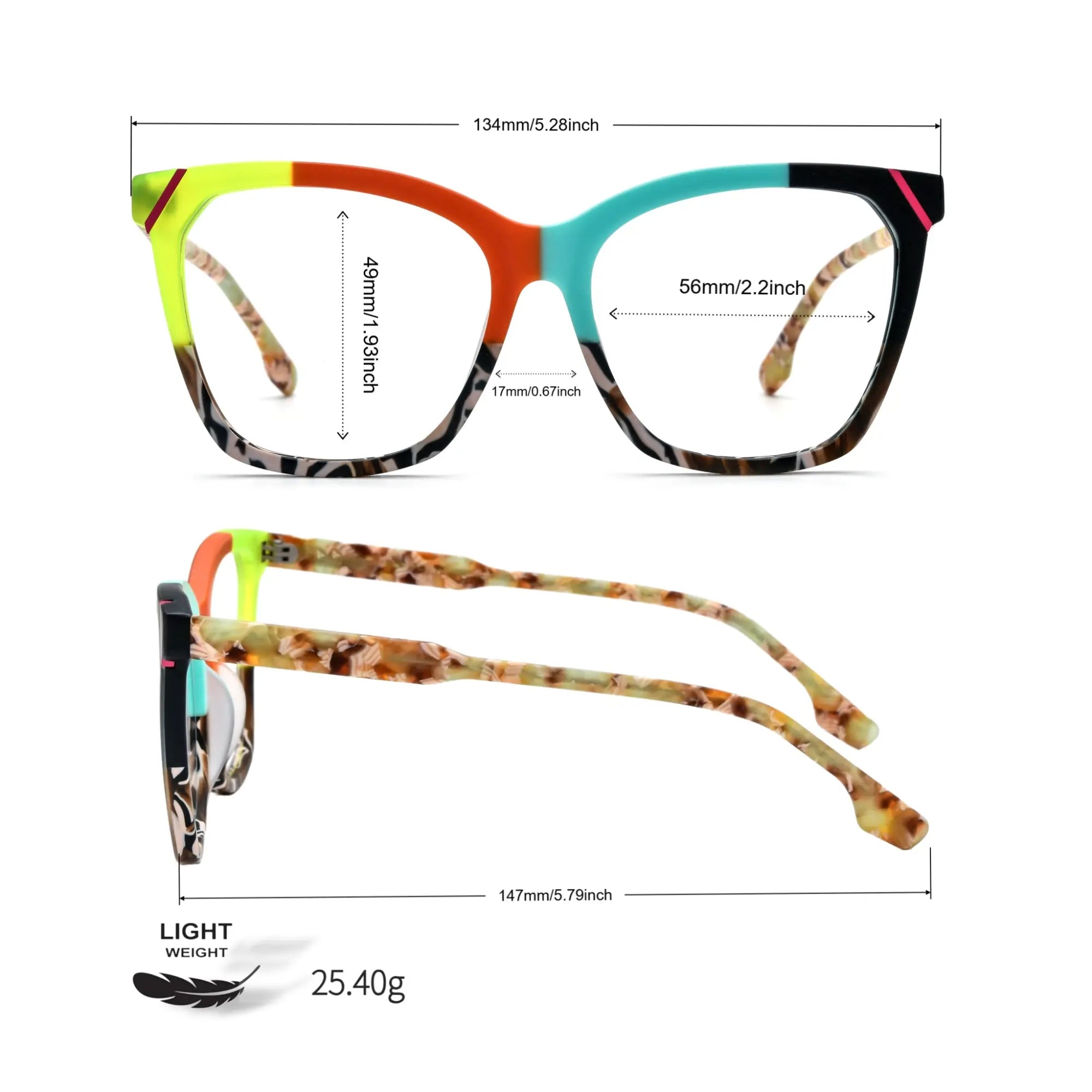 VoyueLens VL19343 Sunset Orange & Teal Mix matte acetate square eyeglasses (unisex) size guide showing detailed frame dimensions and key measurements.