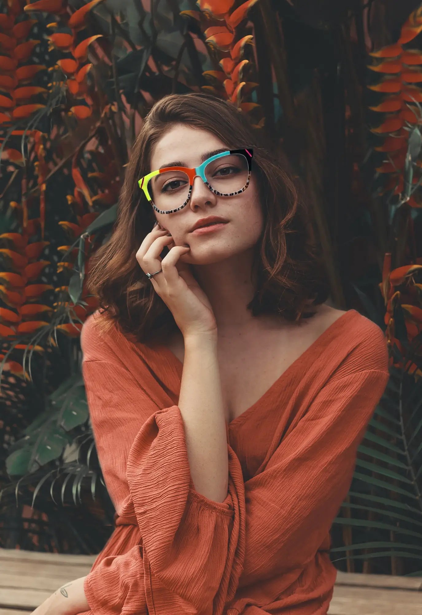 VoyueLens VL19343 Sunset Orange & Teal Mix matte acetate square eyeglasses (unisex) are shown being worn by a model, highlighting the vibrant color blend on the face.