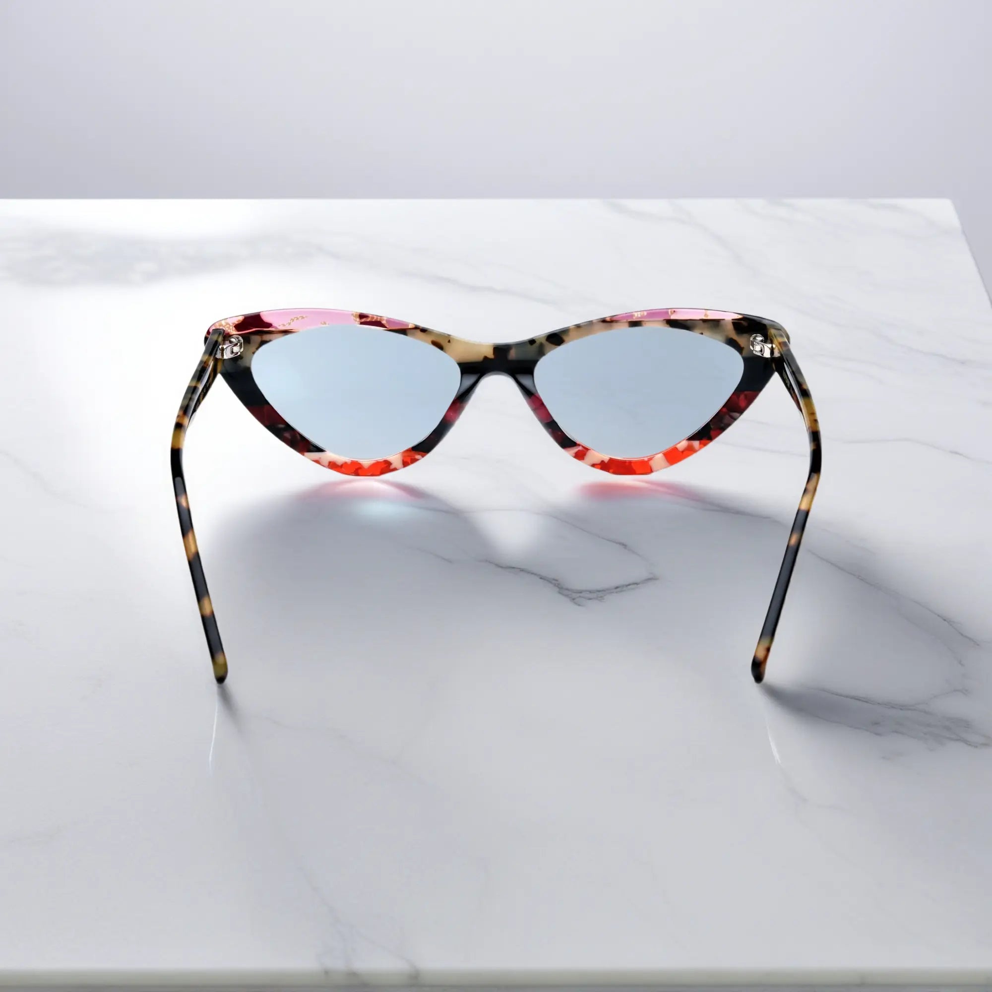 Back view of VoyueLens™ KaleidoCat Tortoiseshell Pop glasses showcasing multicolor detailing