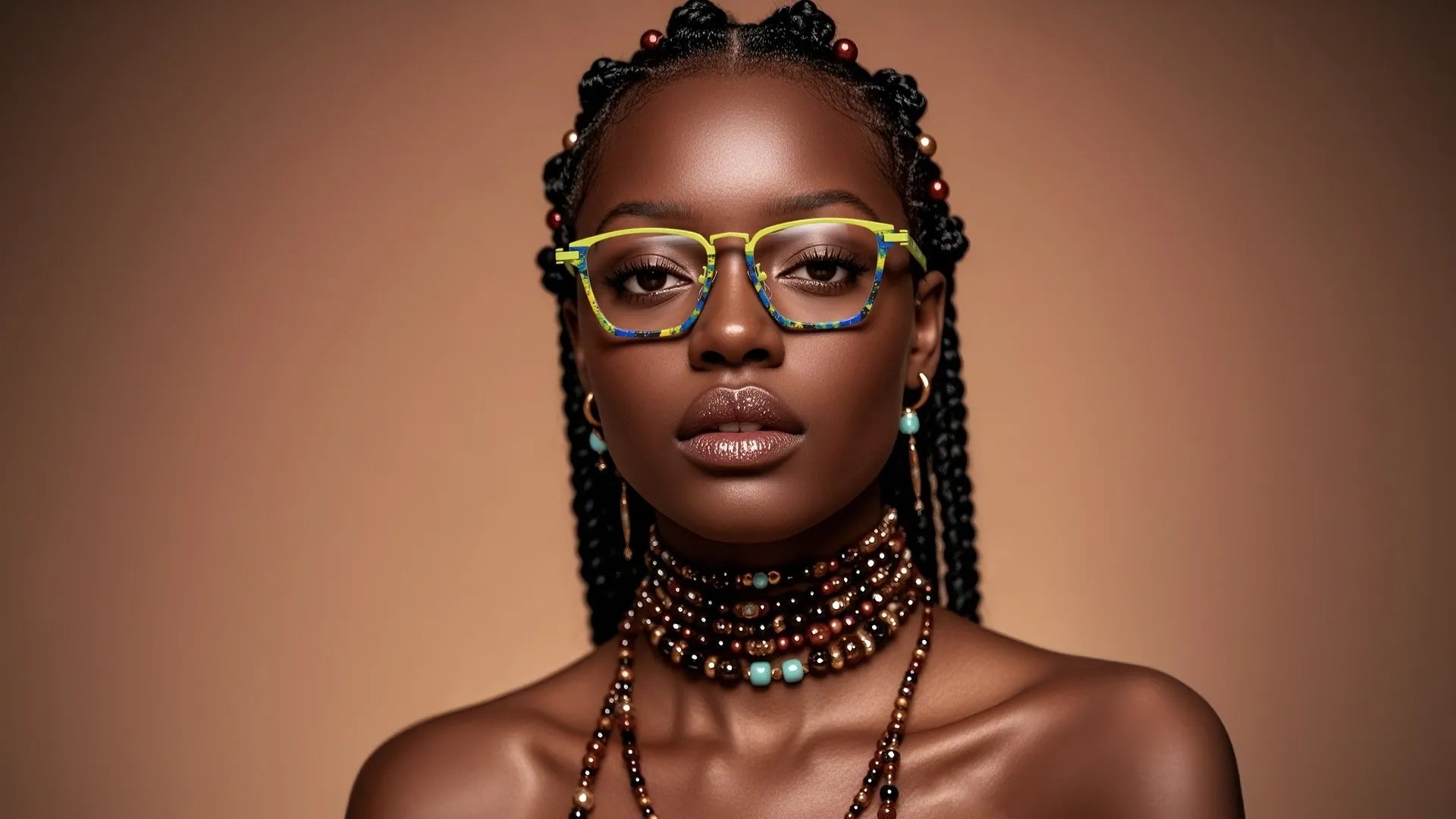 VoyueLens™ Tropic Mosaic eyeglasses category banner – bold two-tone frame in lime and mosaic blue, modeled with Afrocentric styling for optical frame collection.
