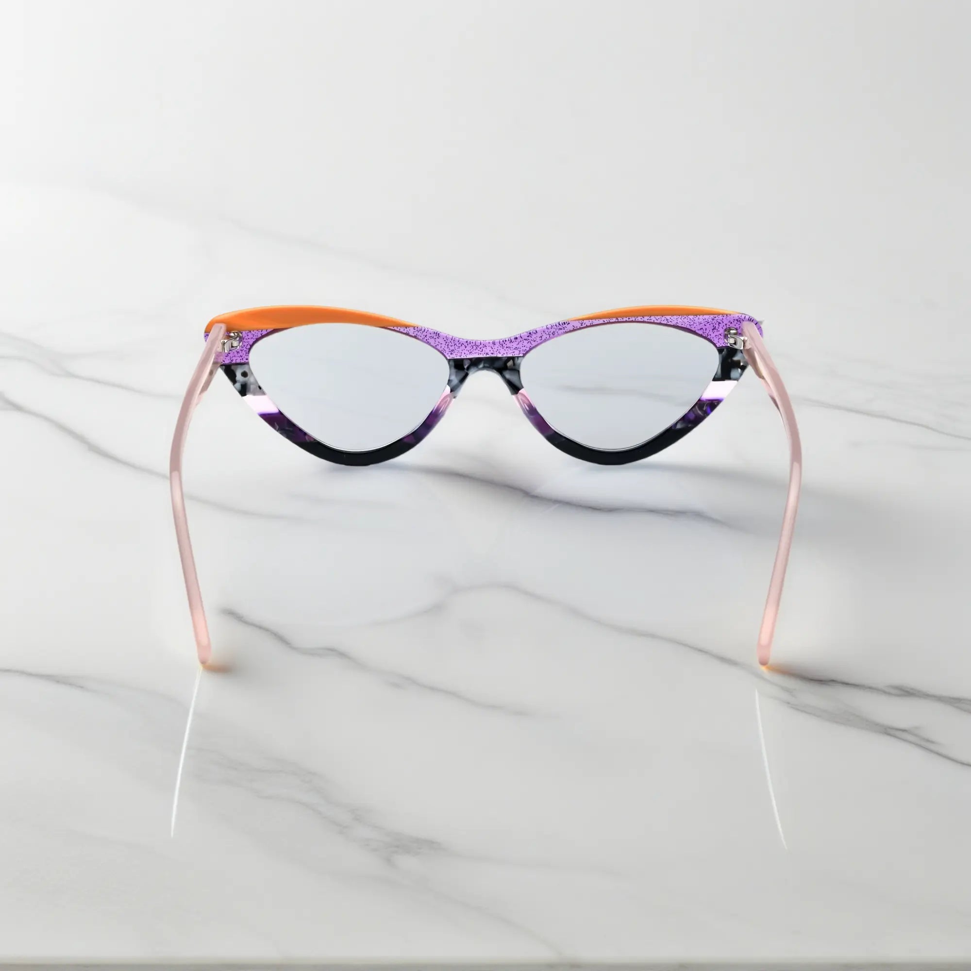 Back view of VoyueLens™ KaleidoCat Violet Garden glasses with vivid pattern details