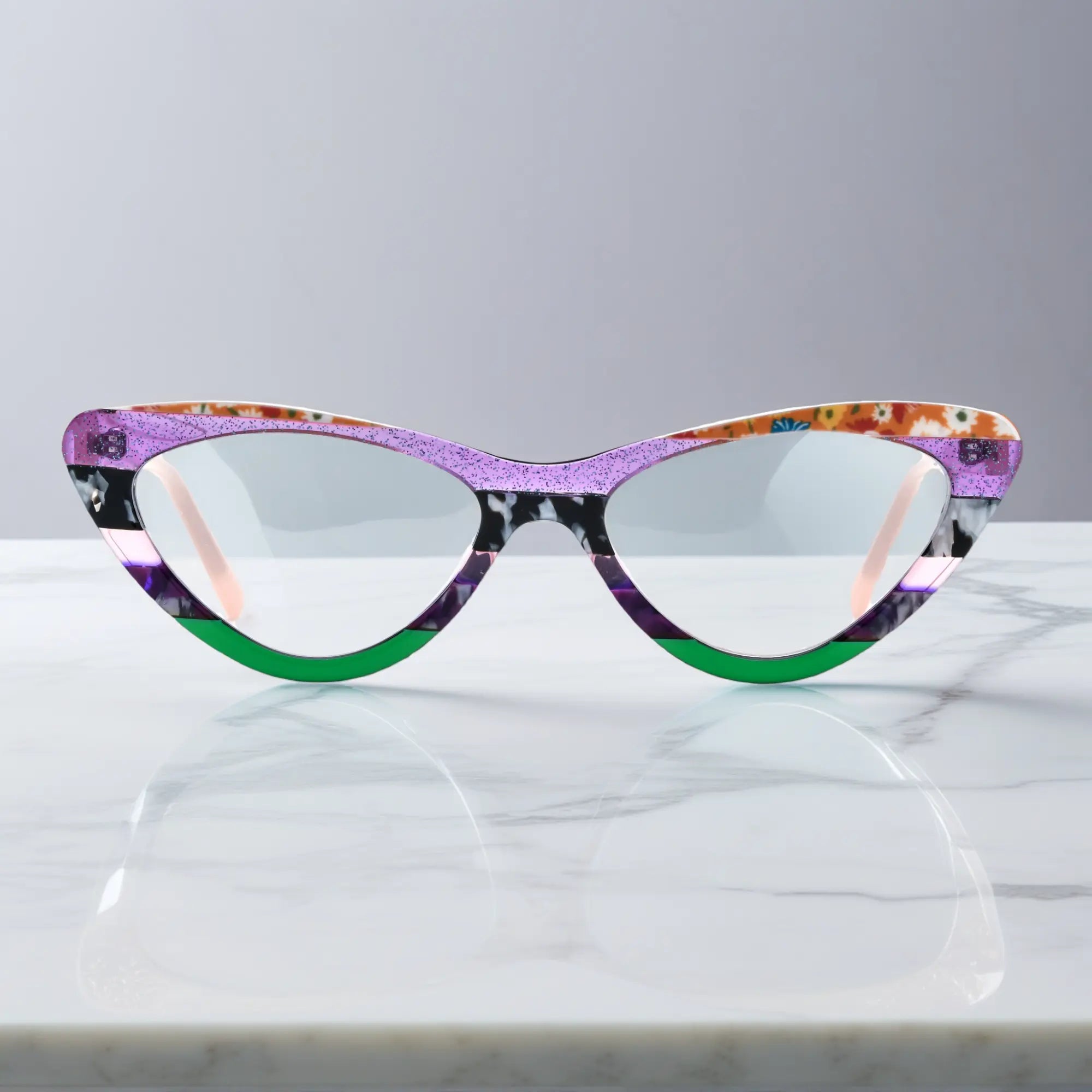 Front view of VoyueLens™ KaleidoCat Violet Garden cat-eye glasses with colorful acetate frame