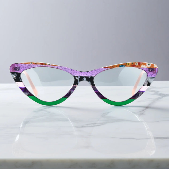 Front view of VoyueLens™ KaleidoCat Violet Garden cat-eye glasses with colorful acetate frame
