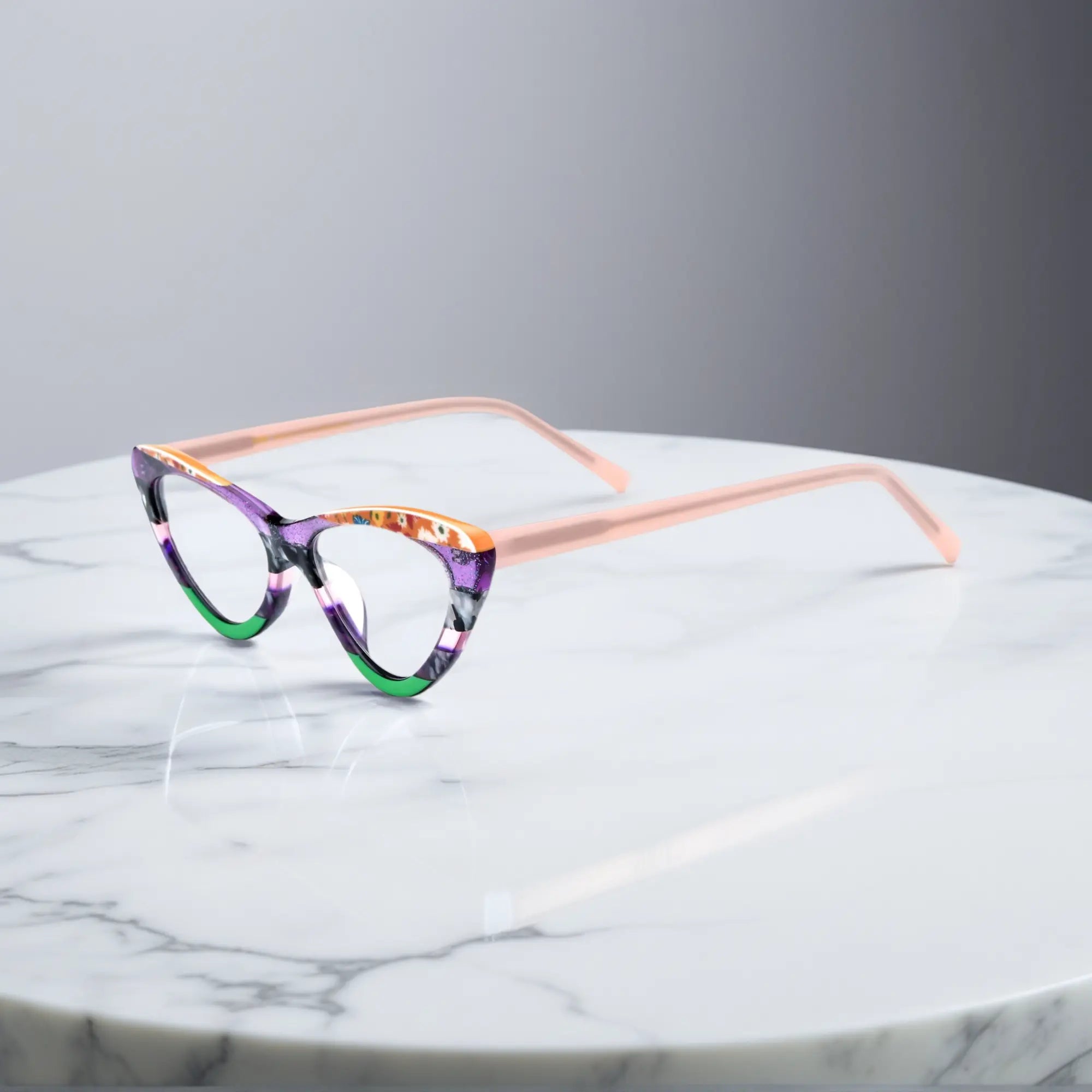 Side view of VoyueLens™ Violet Garden cat-eye eyeglasses showing soft pink temples