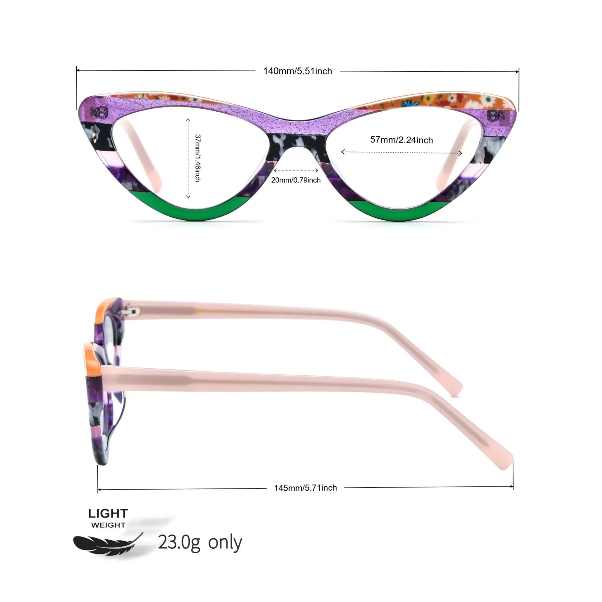 Measurement diagram of VoyueLens™ KaleidoCat Violet Garden eyeglasses