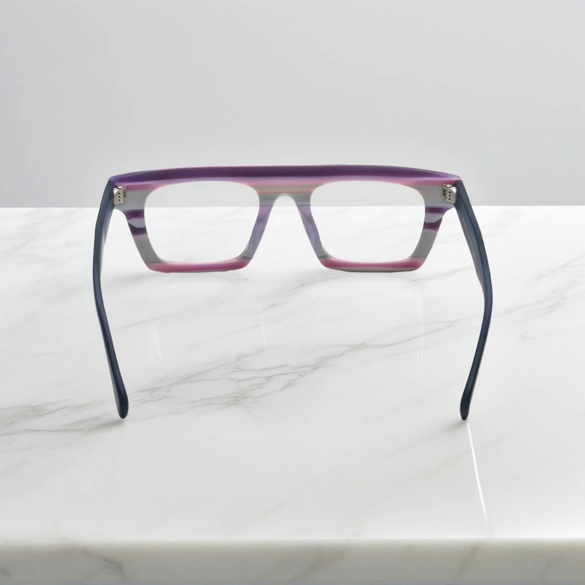 Back angle view showing frame curve and inner detail of VoyueLens Acetate Square Eyeglasses in Violet Mirage