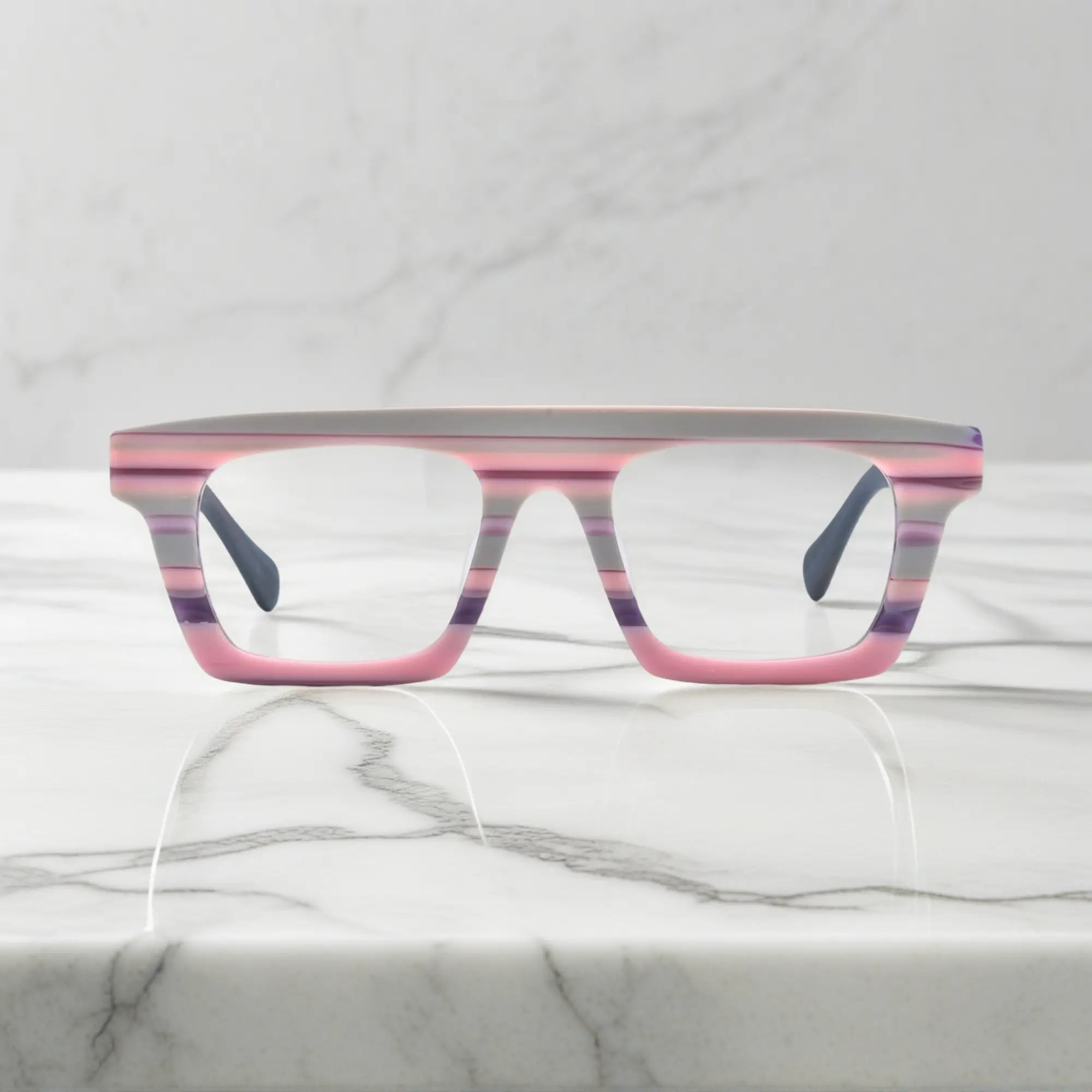 Front-facing view showcasing the bold square frame design of VoyueLens Acetate Square Eyeglasses in Violet Mirage