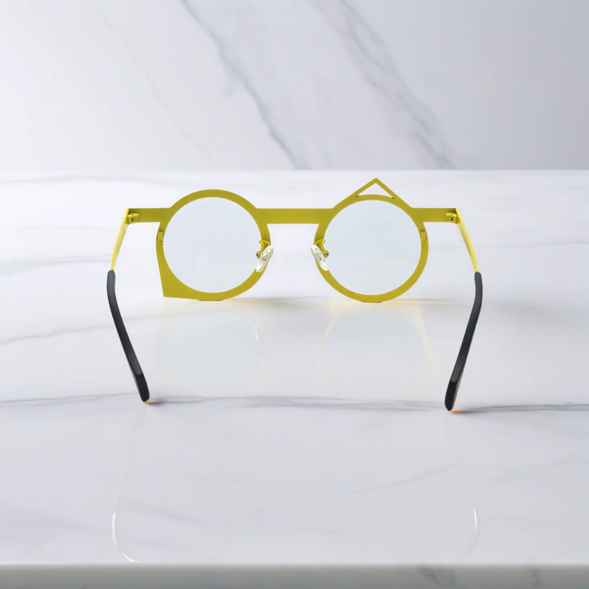 Back view of VoyueLens™ VL185801 titanium glasses in Violet Mustard, highlighting the sculpted dual-color frame.