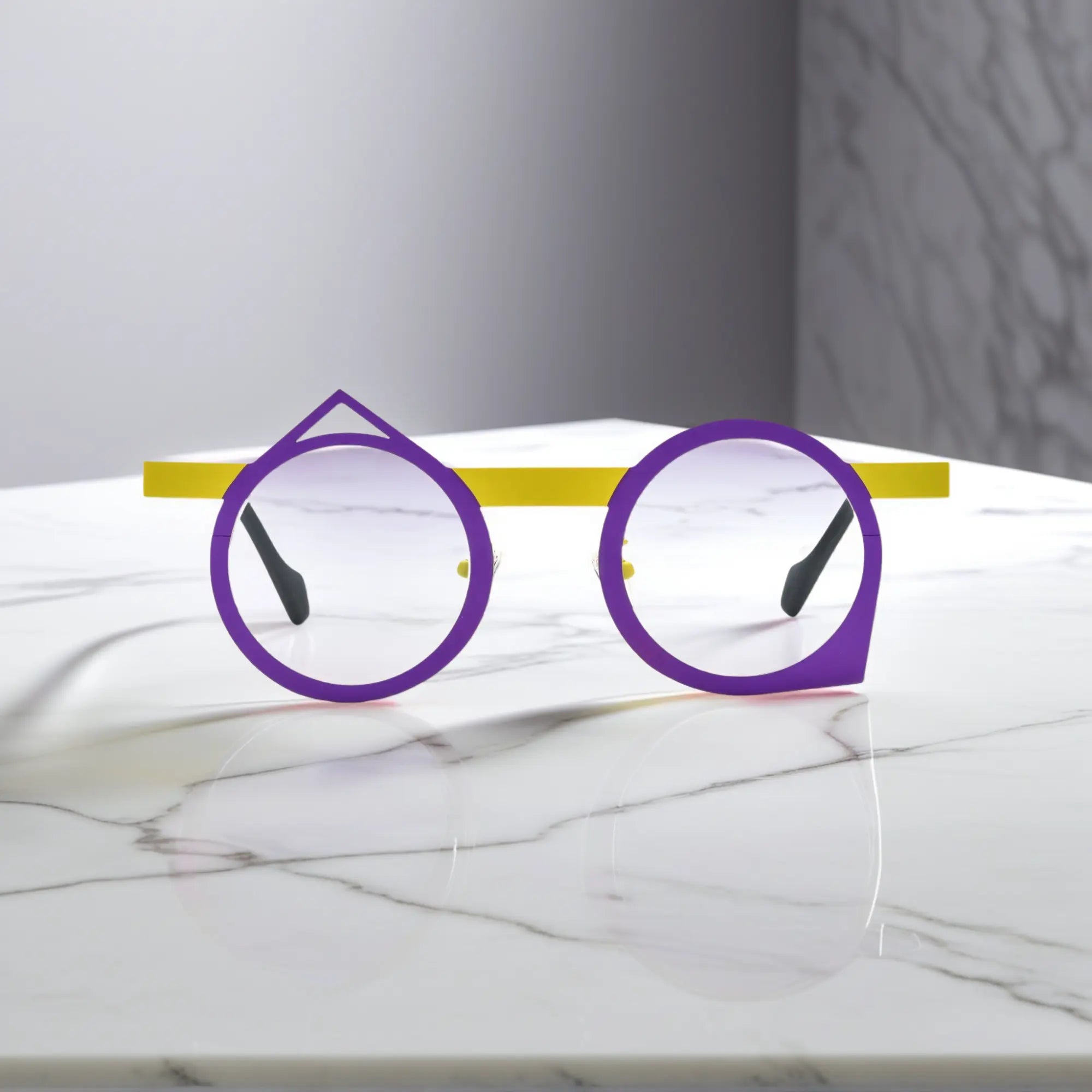 Front view of VoyueLens™ VL185801 Violet Mustard eyeglasses featuring a unique polygonal frame in purple-yellow titanium.