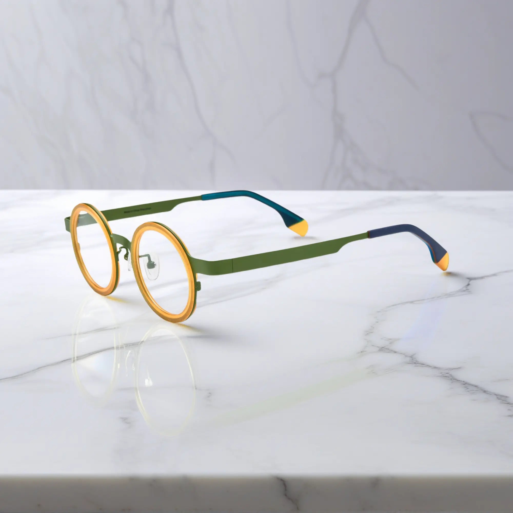 Side view of VL185816 Olive Citrus titanium eyeglasses