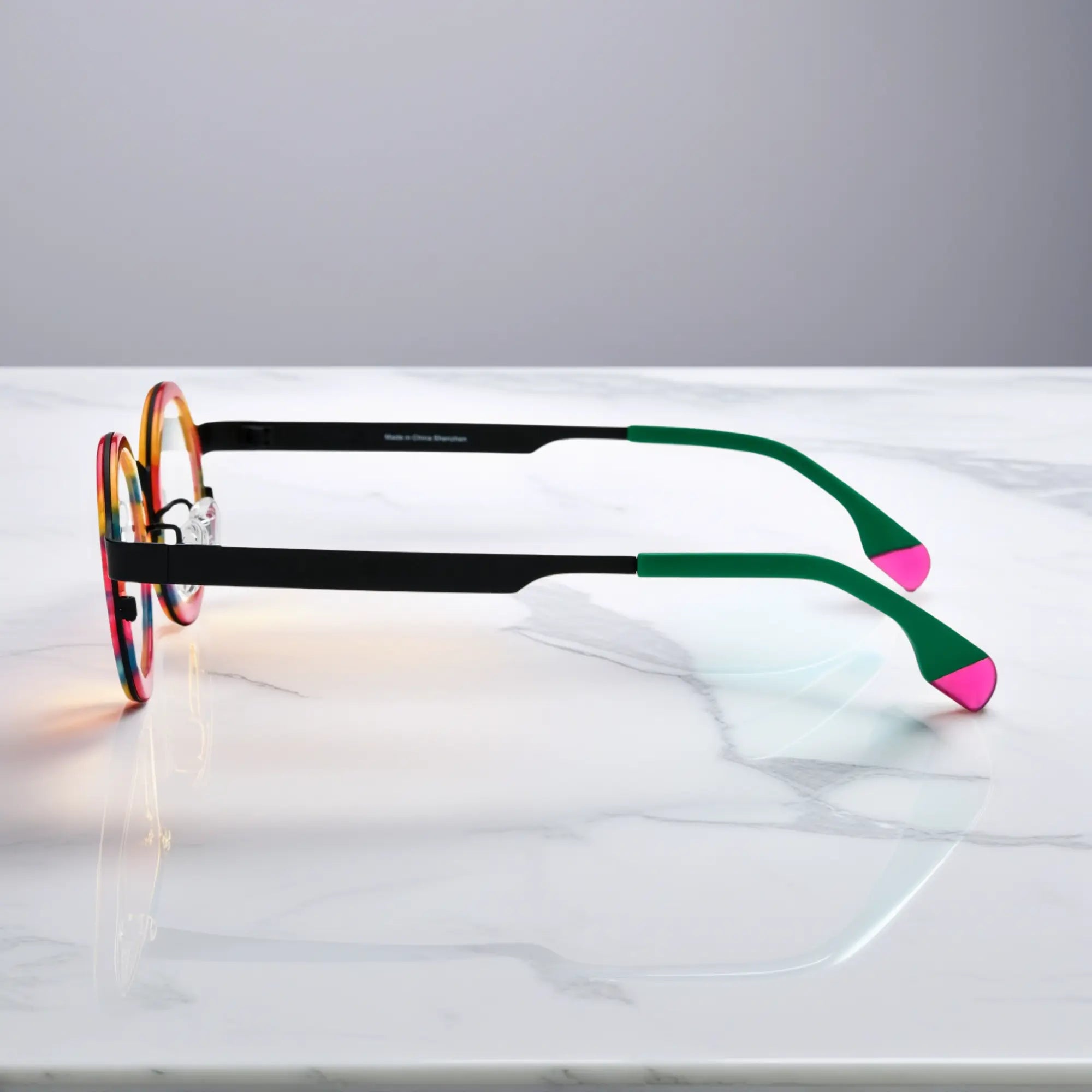Side view of VL185816 Rainbow Stripe titanium glasses showing temples