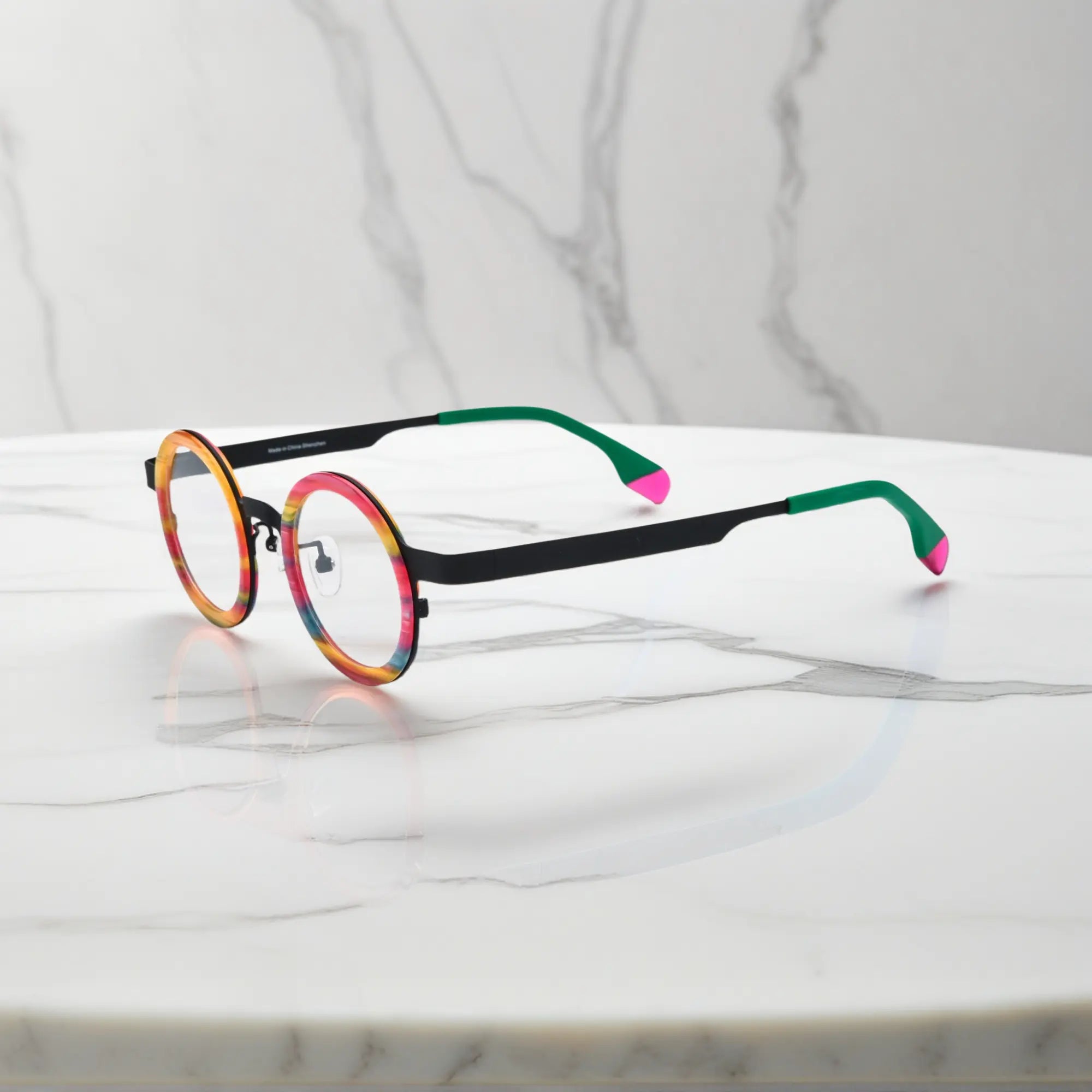 Side view of VL185816 Rainbow Stripe titanium glasses