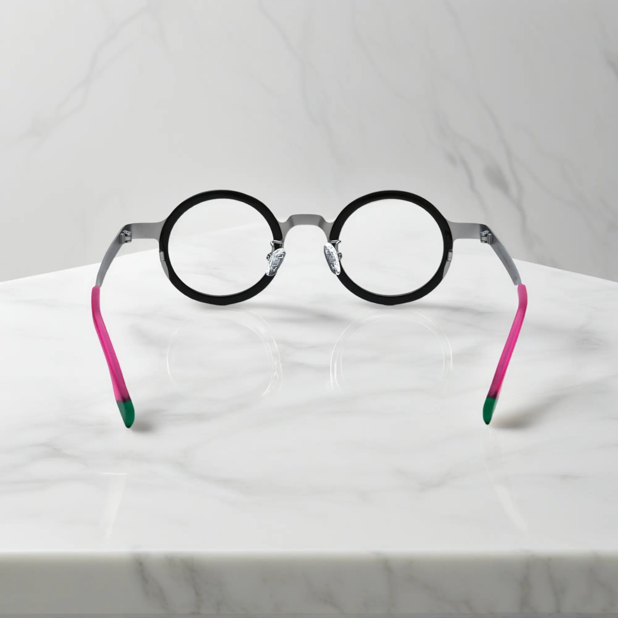 Rear view of Silver Crystal round titanium eyeglasses