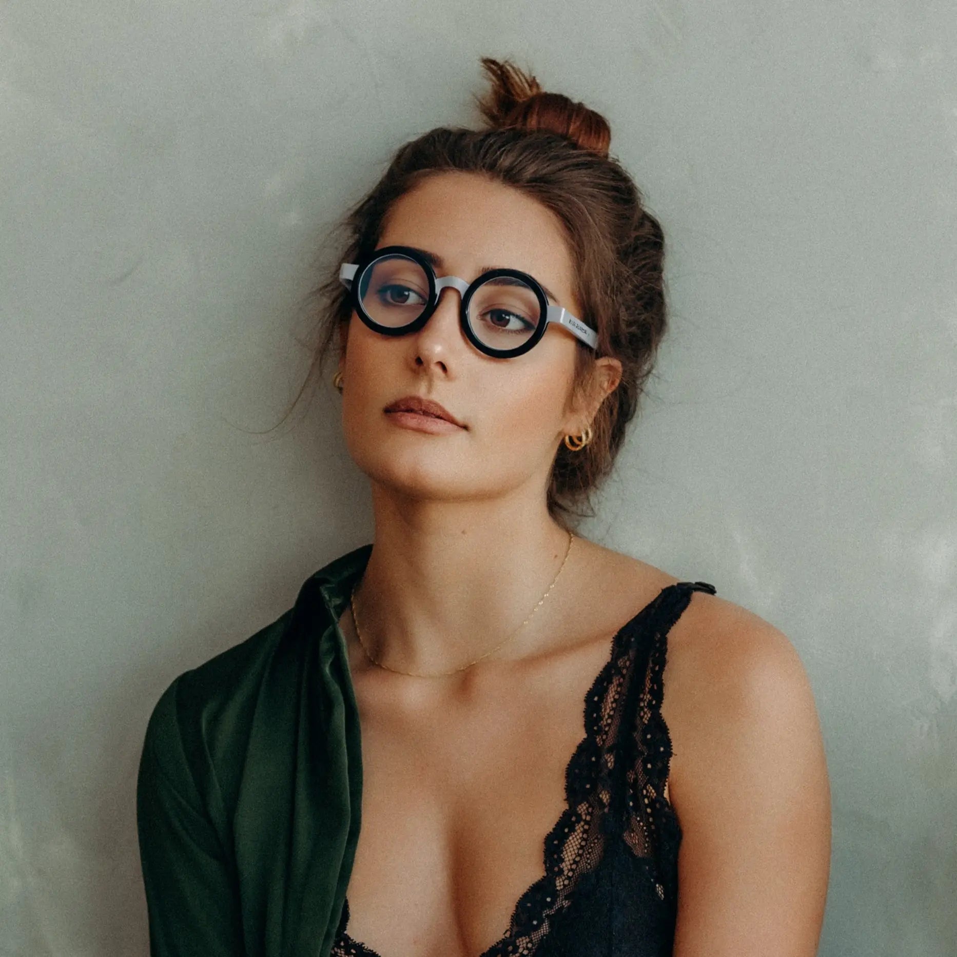 Model wearing Silver Crystal round eyeglasses