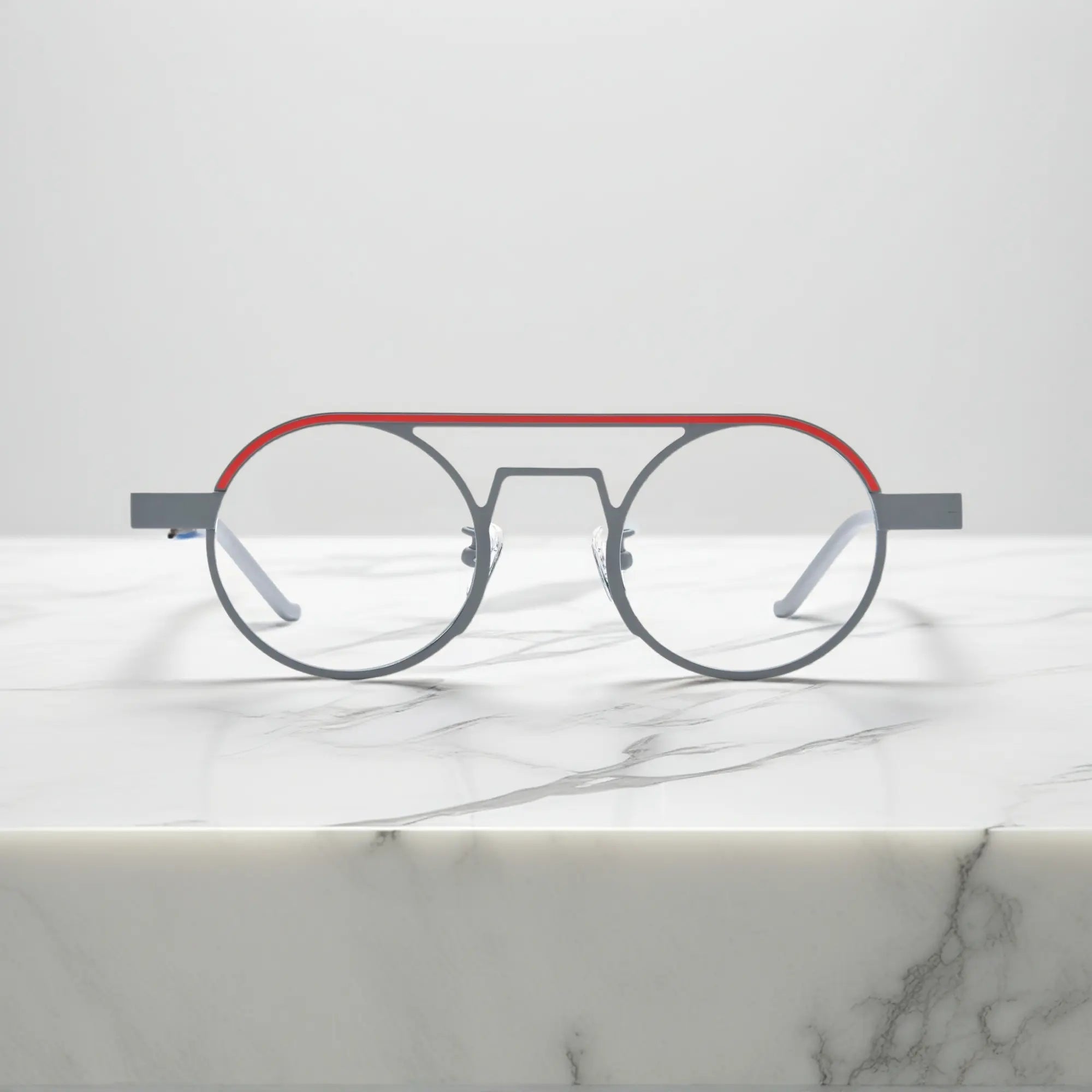 Front view of VoyueLens™ NeoPilot aviator glasses in Chrome Ember sleek silver titanium frame with a subtle industrial edge