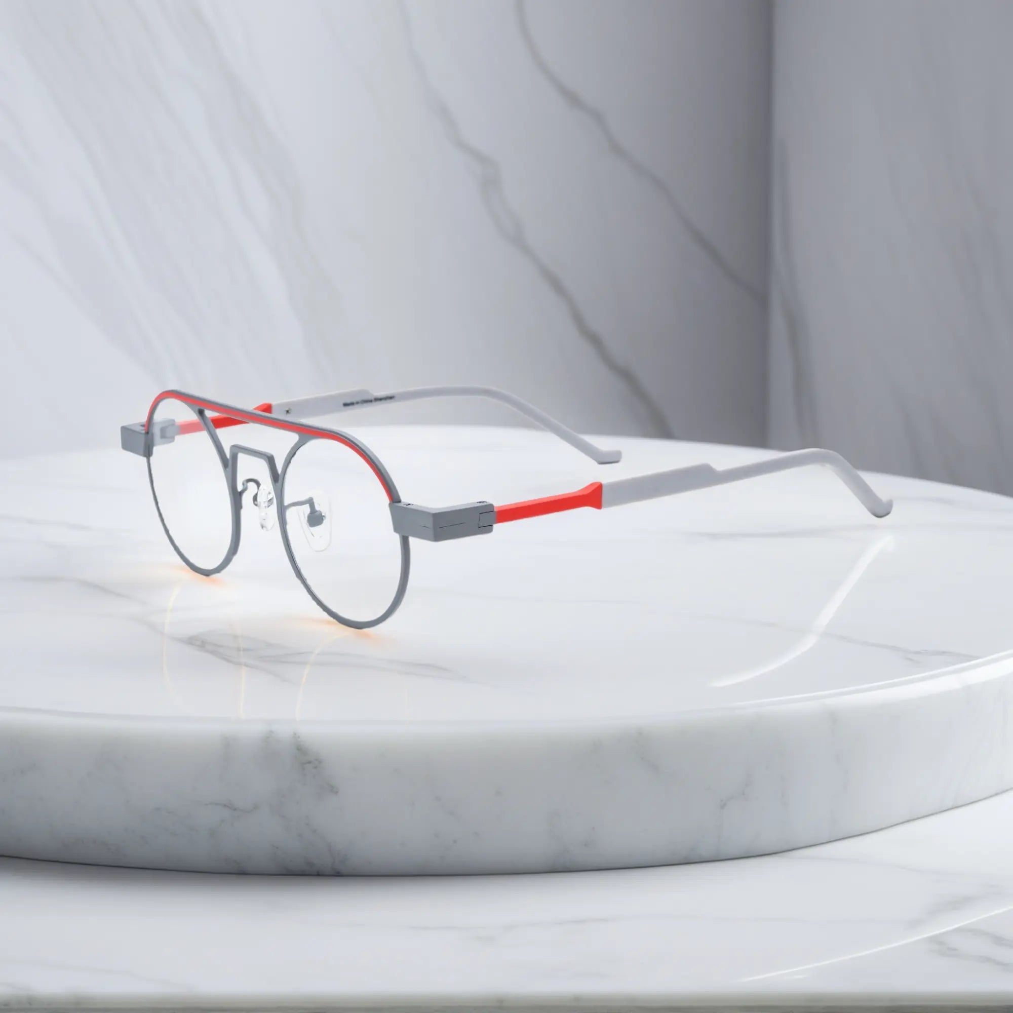 Side profile showing the slim titanium arms and hinge structure in Chrome Ember sleek silver titanium frame with a subtle industrial edge