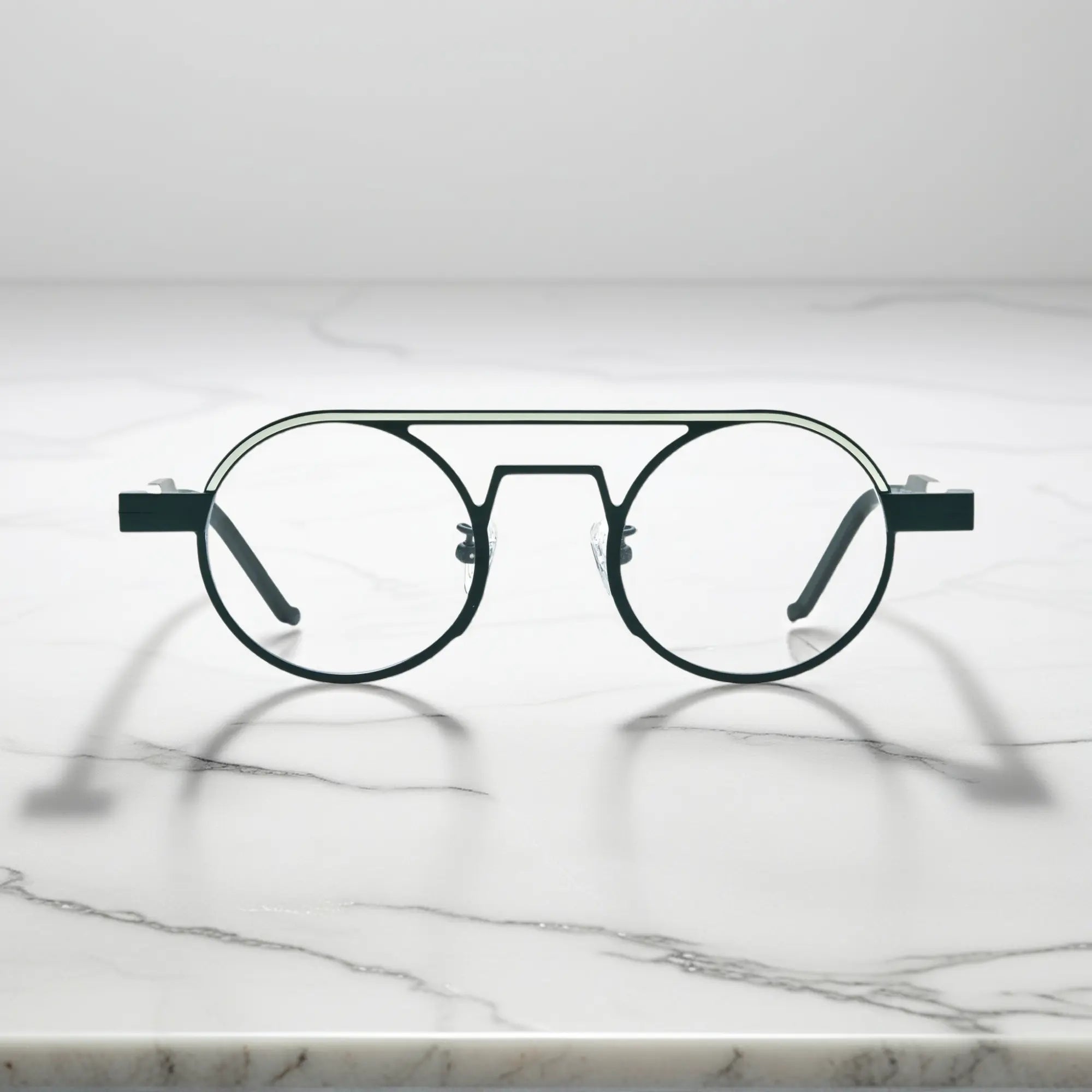 Front view of VoyueLens™ NeoPilot aviator glasses in Urban Ink deep green-gray combination for sophisticated style