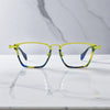 VoyueLens™ Electric Tropic eyeglasses front view – yellow and blue square frame