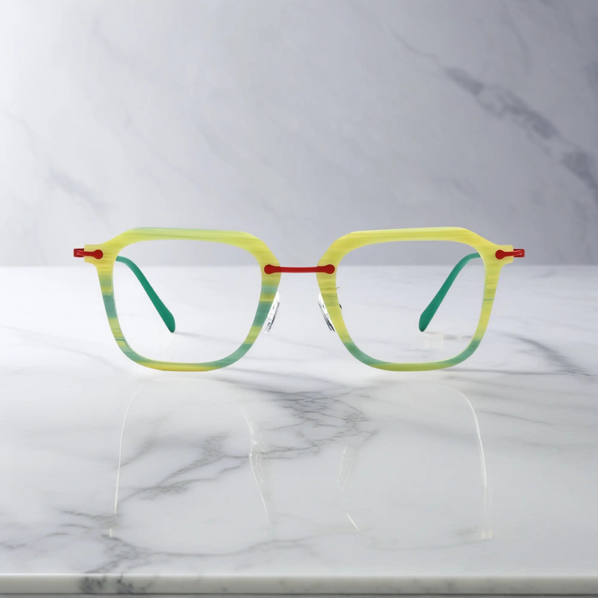 Front-facing view of VoyueLens™ Urban Vision eyeglasses in Citrus Mist, highlighting the refreshing striped yellow-green frame.