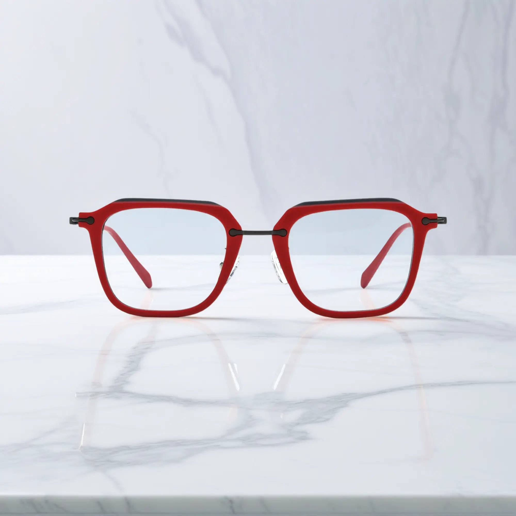 Front image of Crimson Alloy Urban Vision eyeglasses with rich red finish and bold lines.