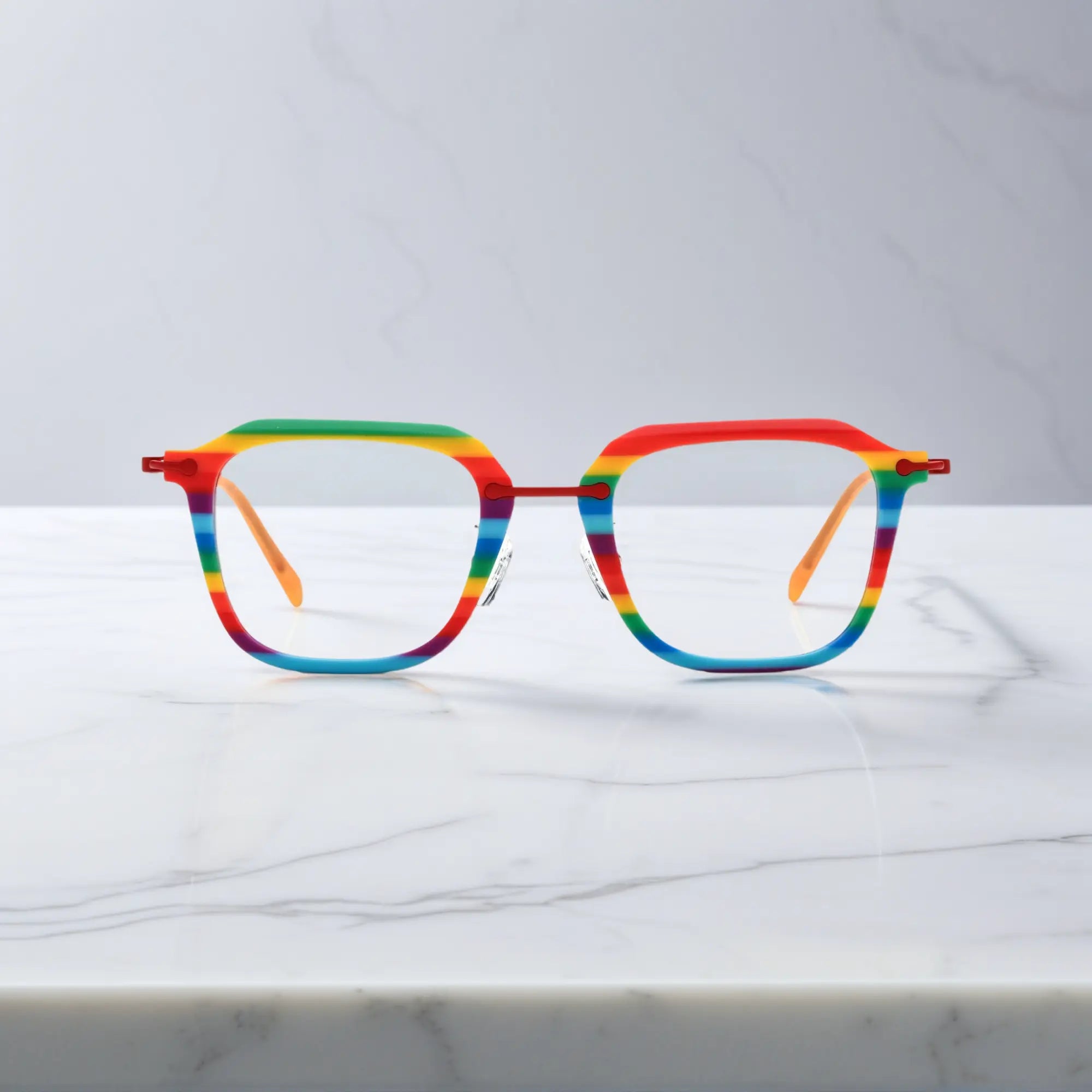 Front shot of VoyueLens™ Urban Vision eyeglasses in Rainbow Parade with a bold multicolor front.