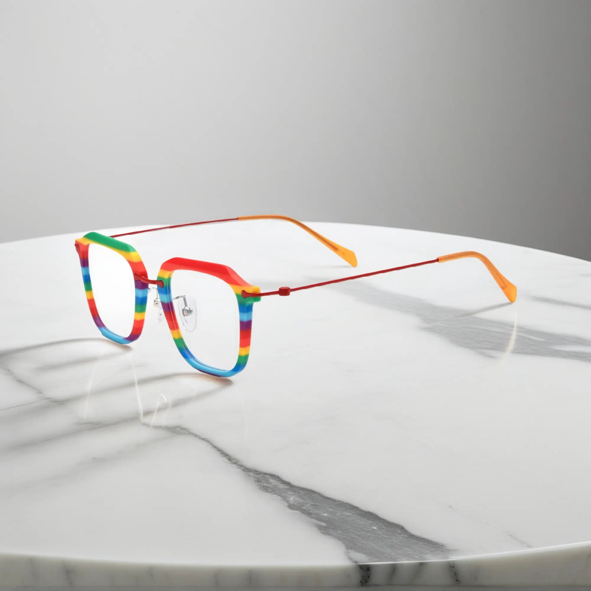 Side profile showing off the seamless transition of rainbow hues and lightweight titanium arms.