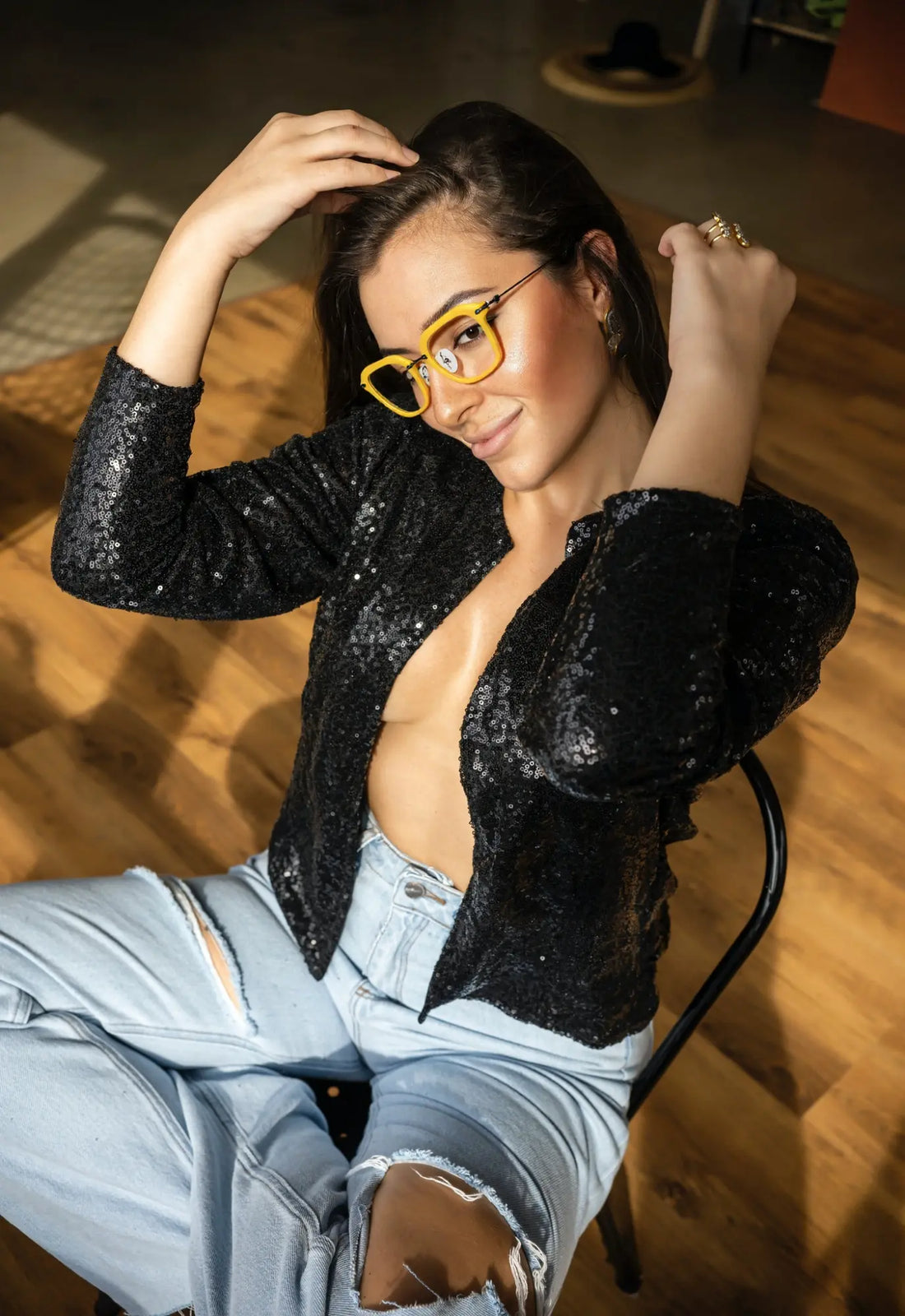 Female model wearing Sunshine Yellow Urban Vision eyeglasses by VoyueLens™, styled for a playful yet modern look.
