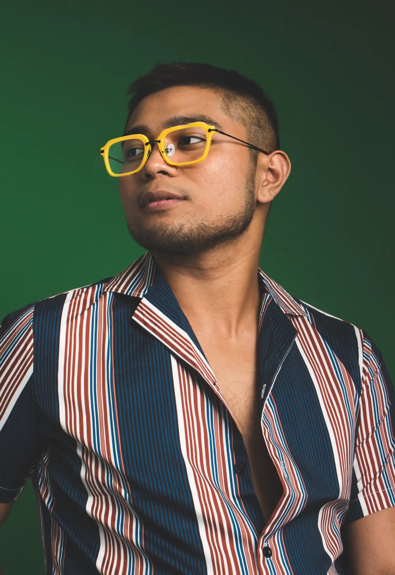 Male model wearing Sunshine Yellow Urban Vision eyeglasses by VoyueLens™, styled for a playful yet modern look.