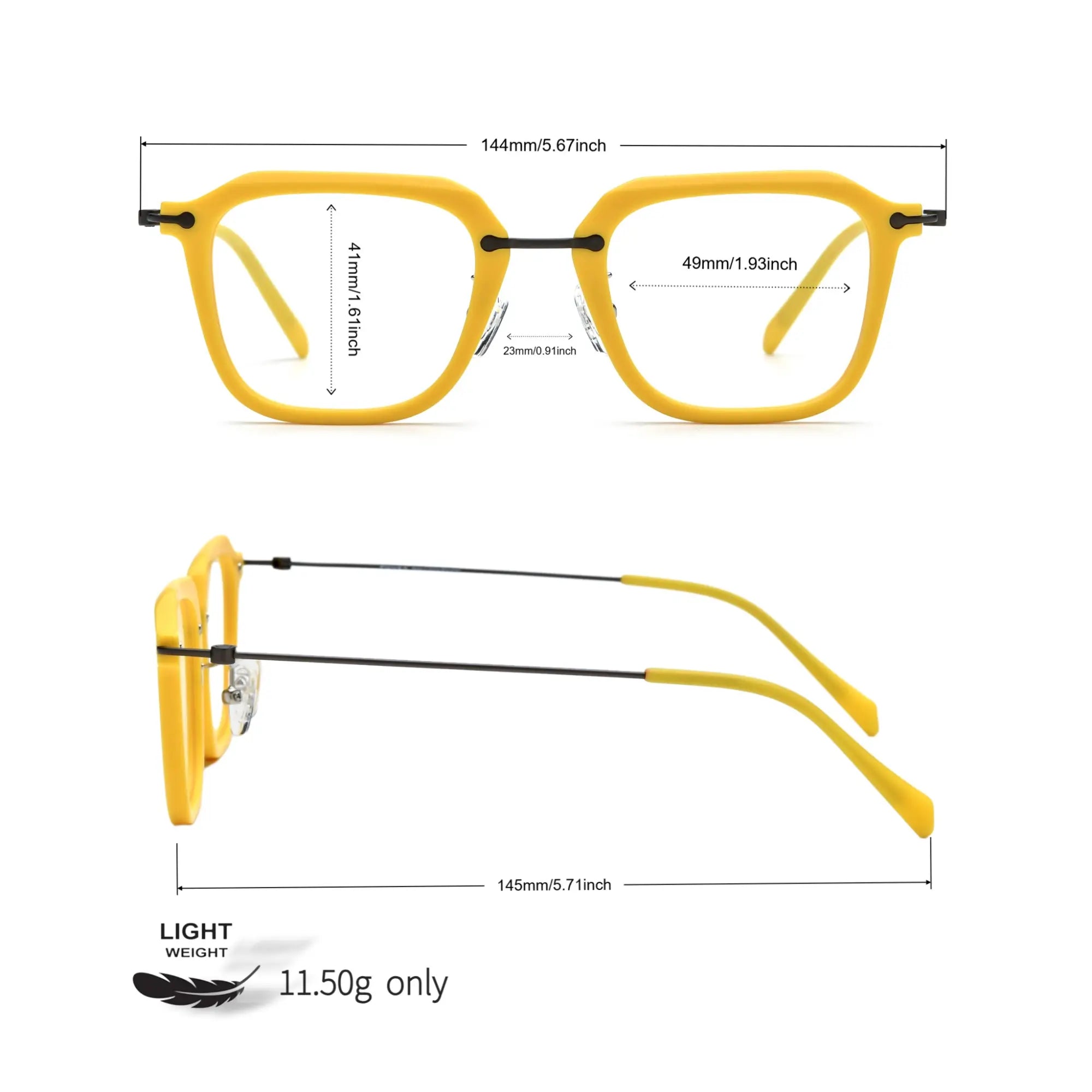 Size specifications of the Sunshine Yellow VoyueLens™ square titanium eyeglasses.