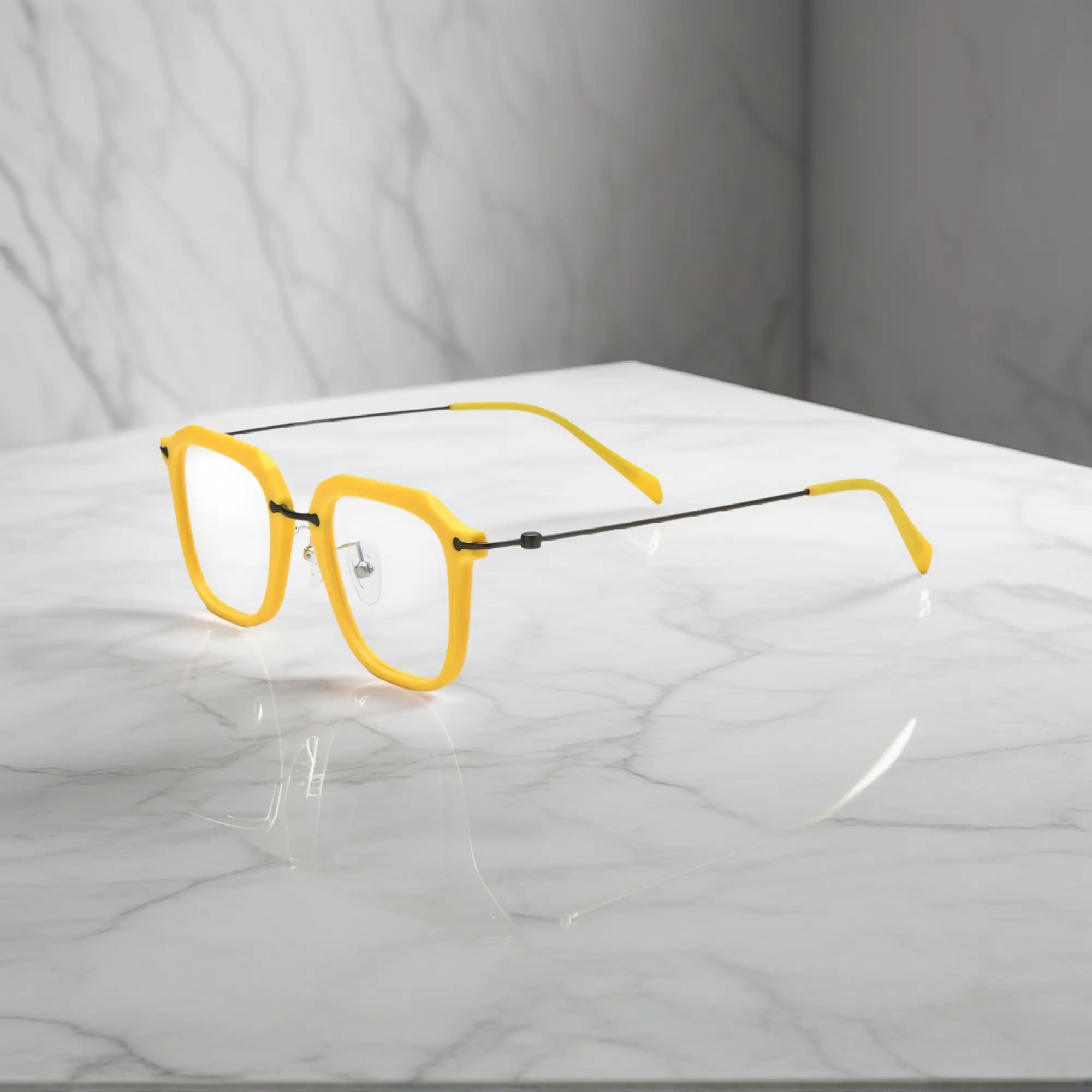 Side angle of the Sunshine Yellow variant with lightweight titanium temples and vivid color.