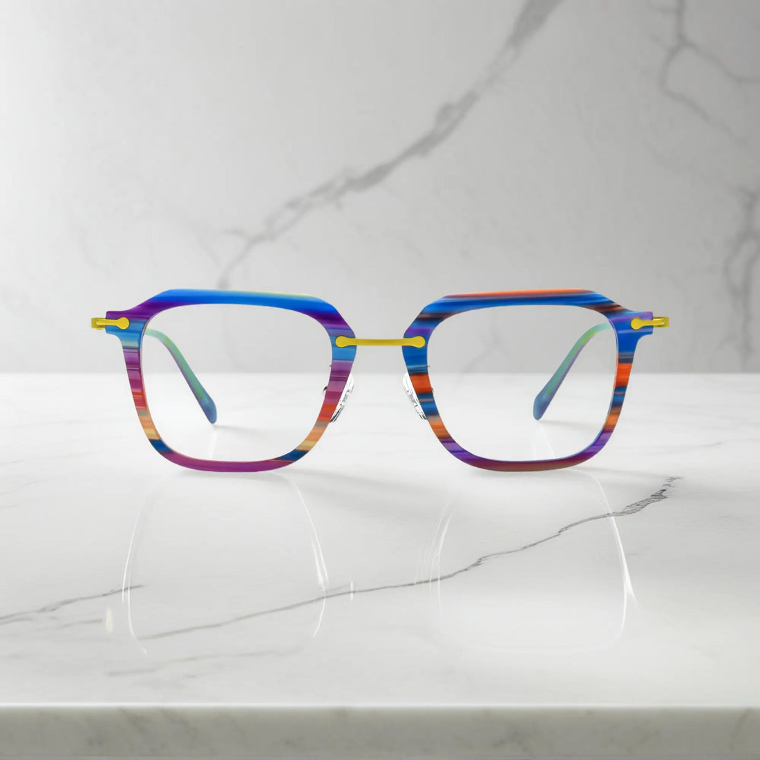 Frontal image of the Vivid Violet Stripe Urban Vision frame by VoyueLens™, showcasing its multicolor spectrum.