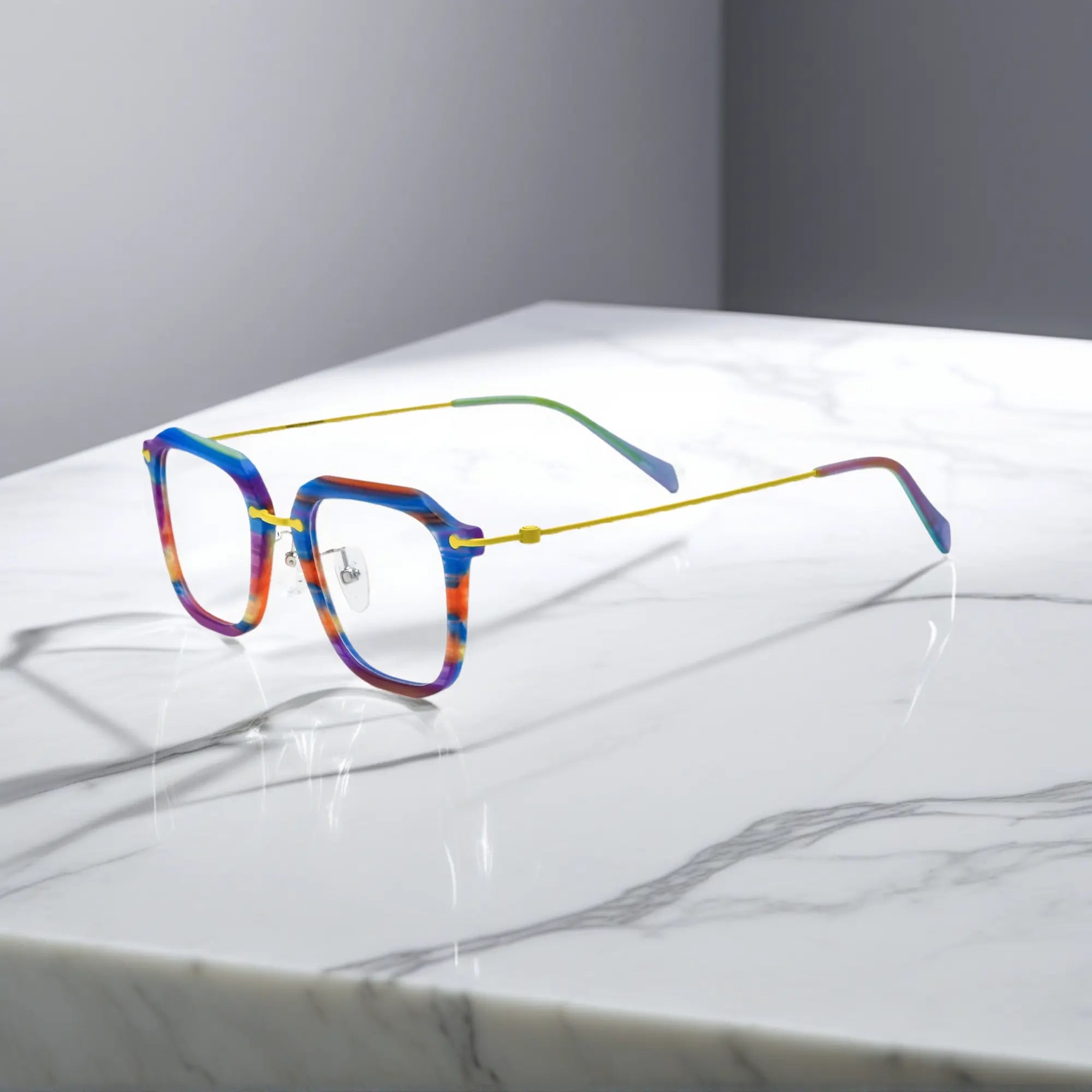 Side view of Vivid Violet Stripe glasses emphasizing the gradient temple arms and unique acetate finish.