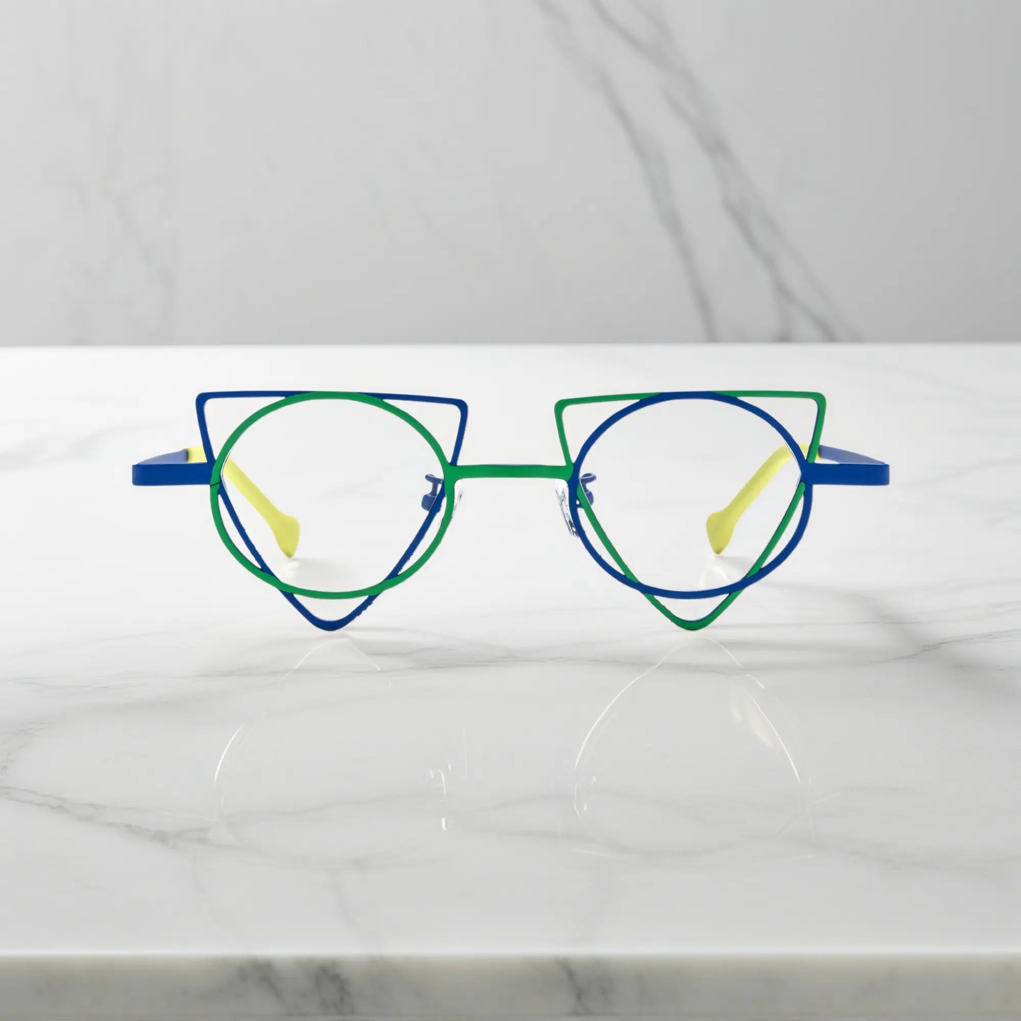 Front view of VoyueLens™ Cobalt Chartreuse geometric titanium eyeglasses with statement frame design, unisex fashion eyewear
