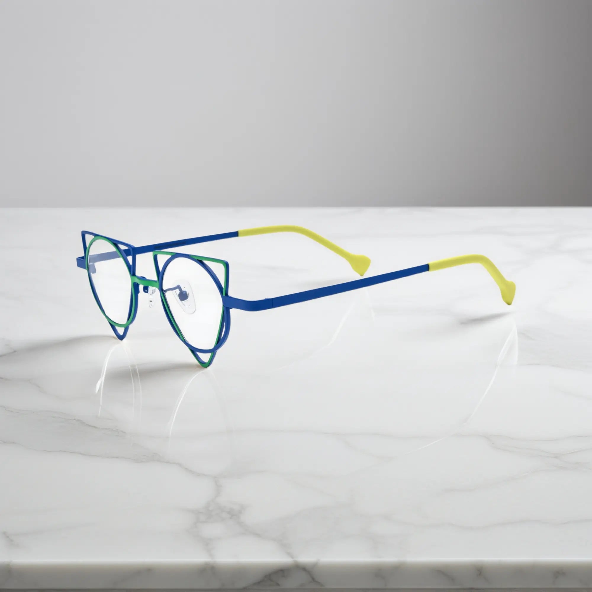 Side profile showing slim titanium temples of VoyueLens™ Cobalt Chartreuse designer eyeglasses, ideal for modern optical styling