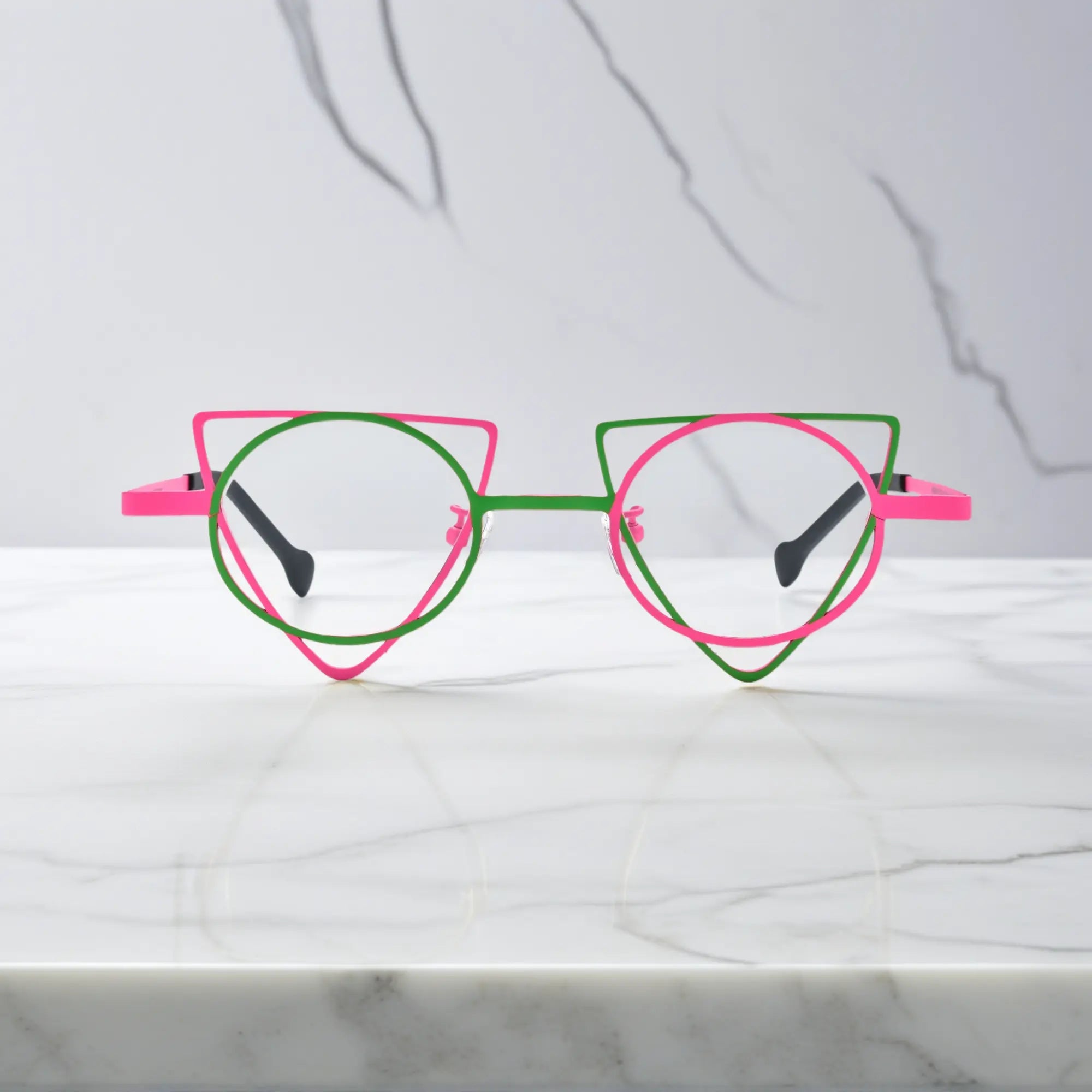 Front view of VoyueLens™ Fuchsia Lime geometric titanium eyeglasses with statement frame design, unisex fashion eyewear