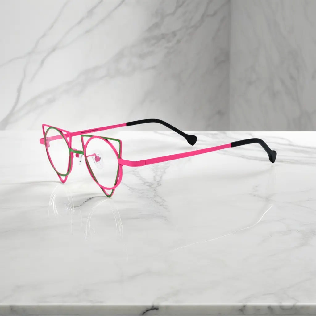 Side profile showing slim titanium temples of VoyueLens™ Fuchsia Lime designer eyeglasses, ideal for modern optical styling