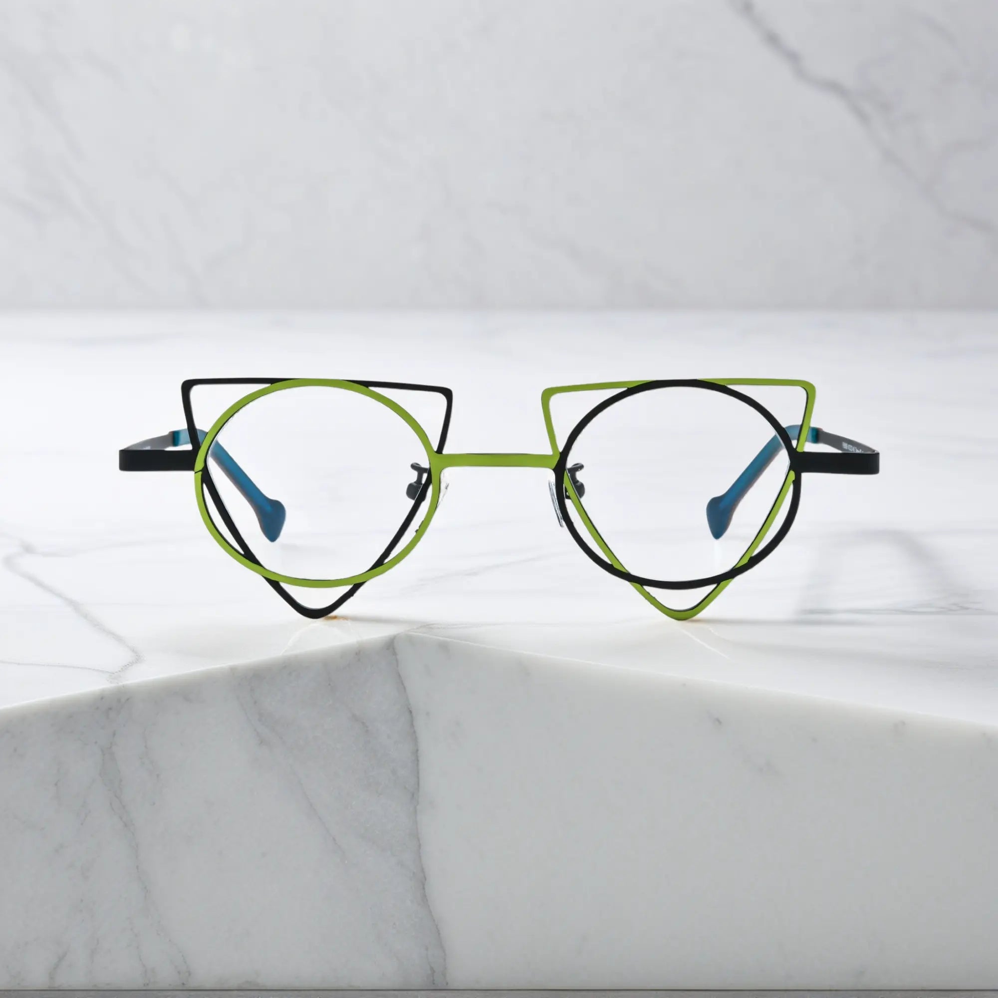 Front view of VoyueLens™ Lime Black geometric titanium eyeglasses with statement frame design, unisex fashion eyewear