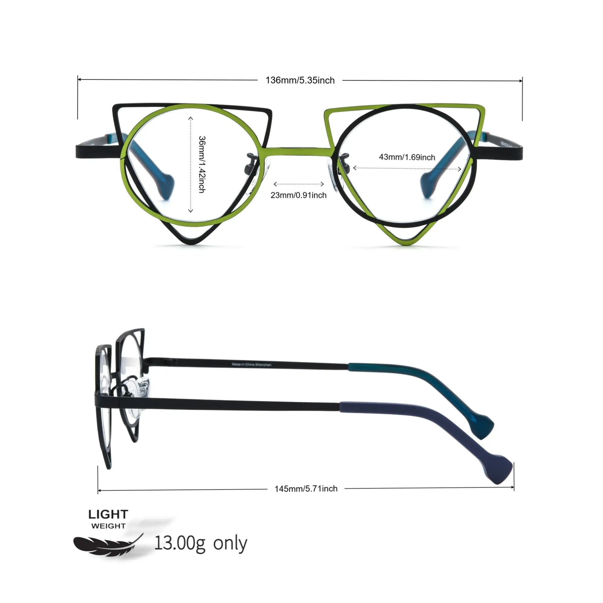 Dimension chart for VoyueLens™ Lime Black titanium statement glasses, lightweight geometric eyewear with optical fit