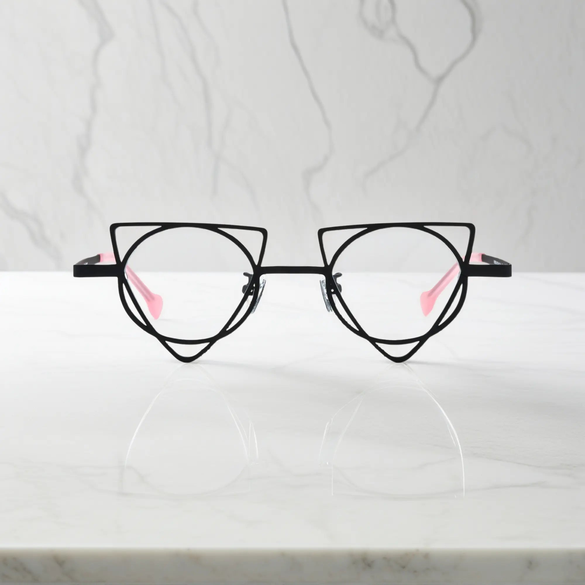 Front view of VoyueLens™ Matte Black geometric titanium eyeglasses with statement frame design, unisex fashion eyewear