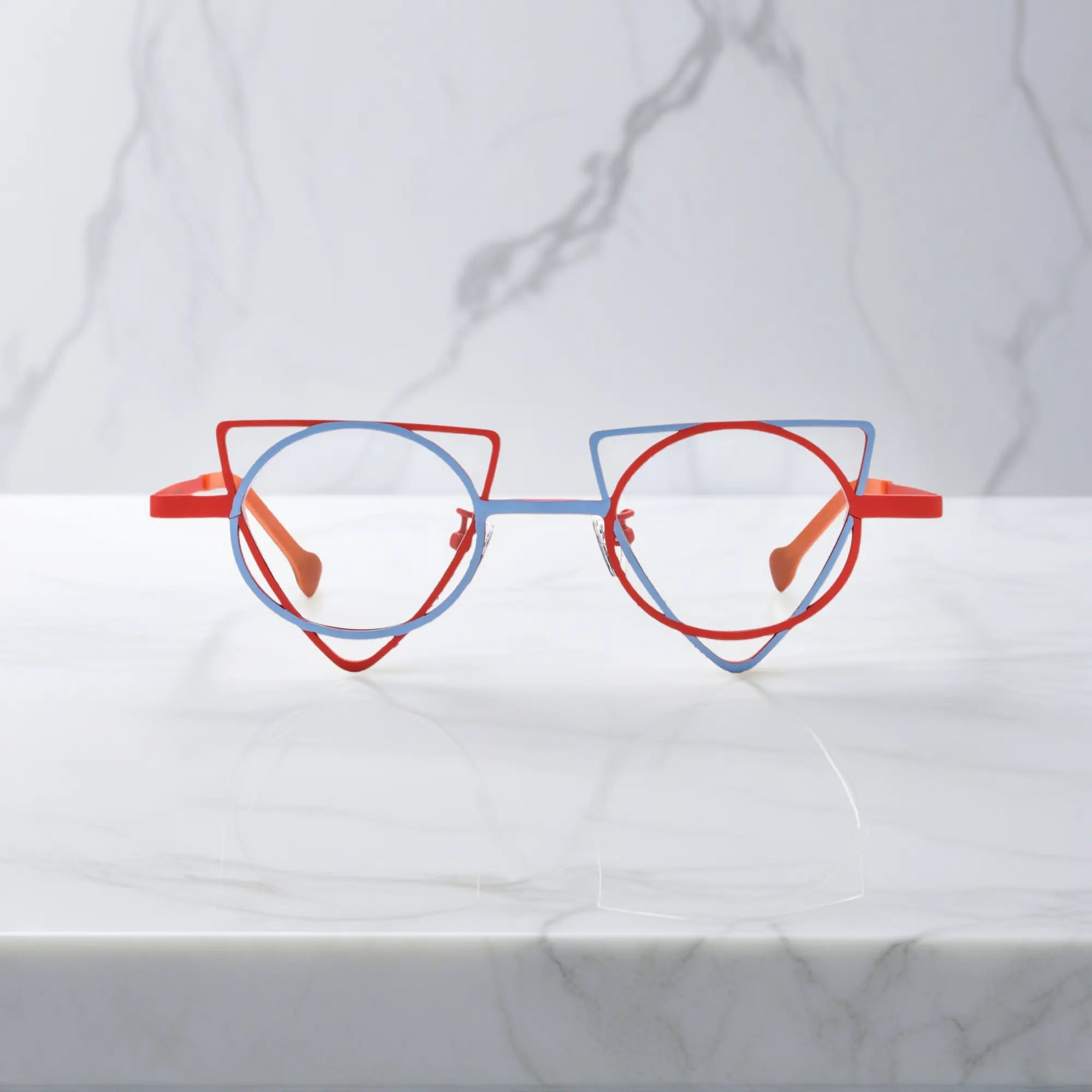 Front view of VoyueLens™ Skyfire Red geometric titanium eyeglasses with statement frame design, unisex fashion eyewear
