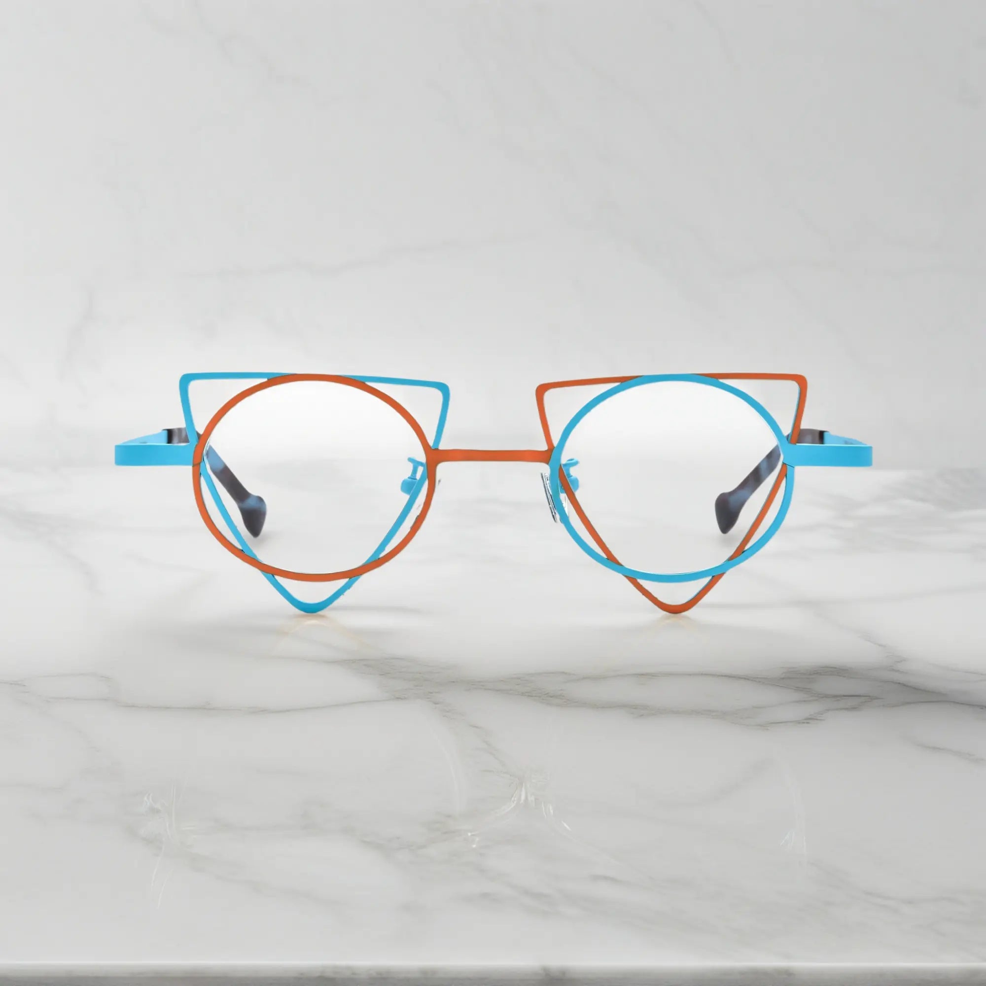 Front view of VoyueLens™ Tangerine Blue geometric titanium eyeglasses with statement frame design, unisex fashion eyewear