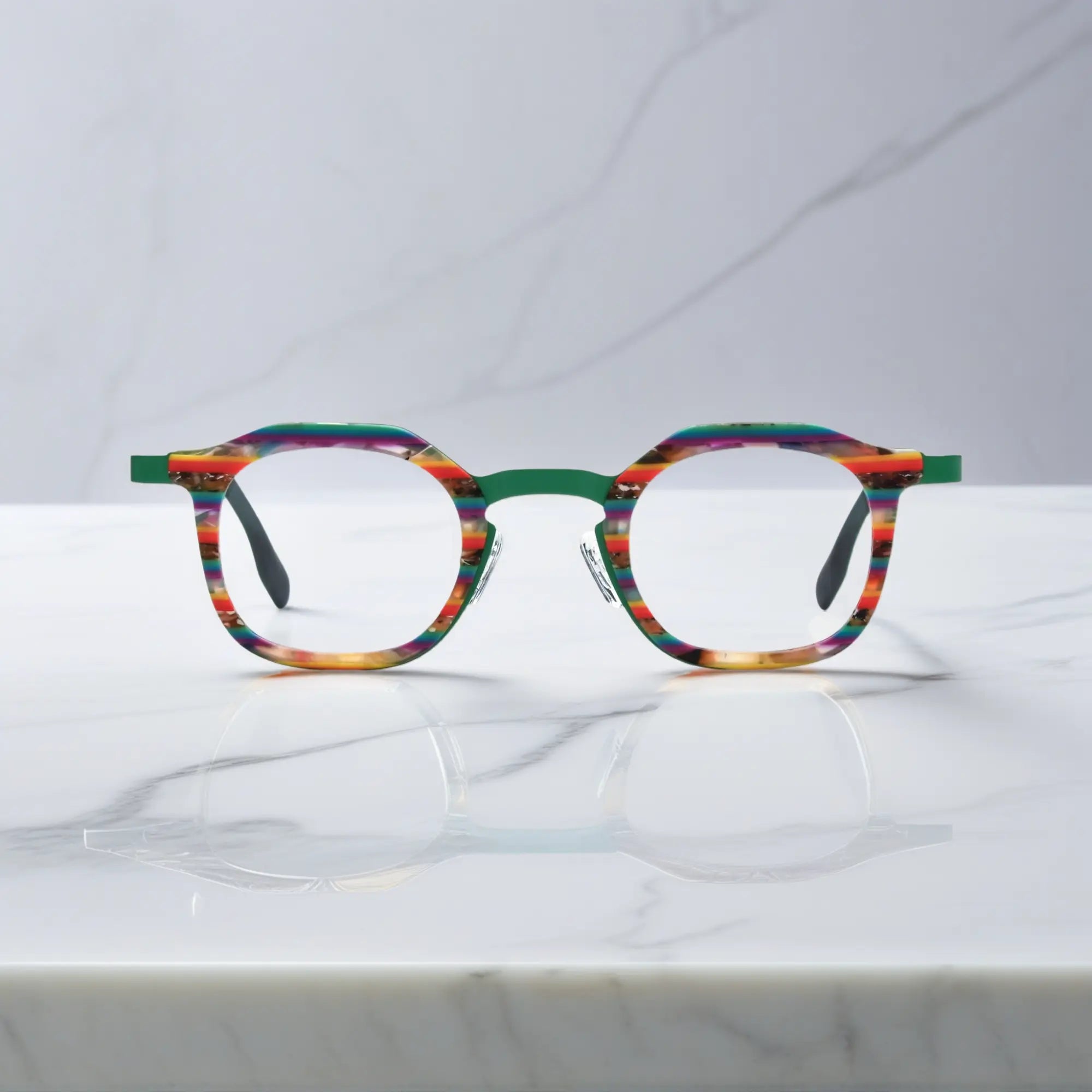 Front view of VoyueLens™ Aurora Stripe square eyeglasses with a green-to-clear gradient acetate front and satin titanium temples.