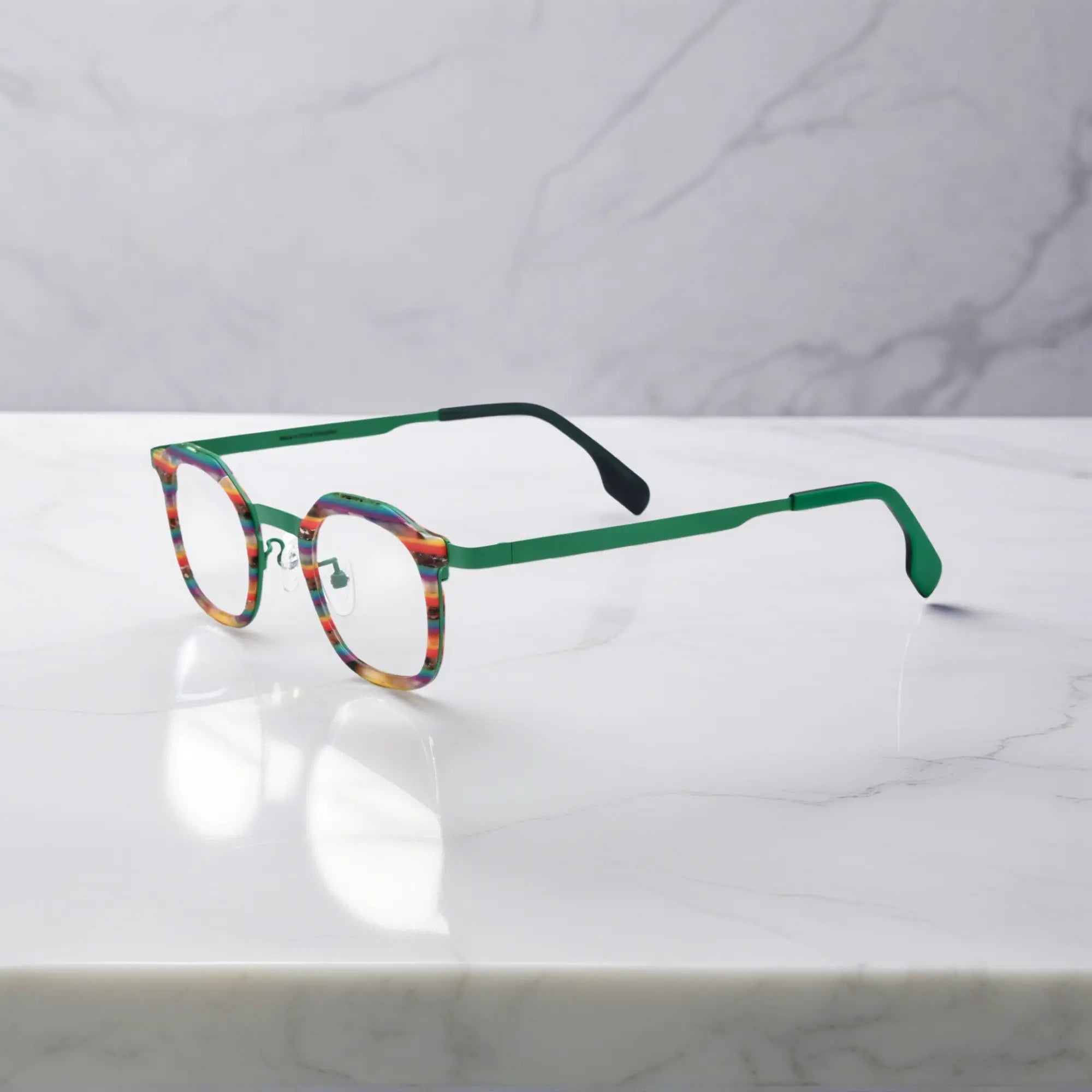 Side view of VoyueLens™ Aurora Stripe square eyeglasses a green-to-clear gradient acetate front and satin titanium temples.