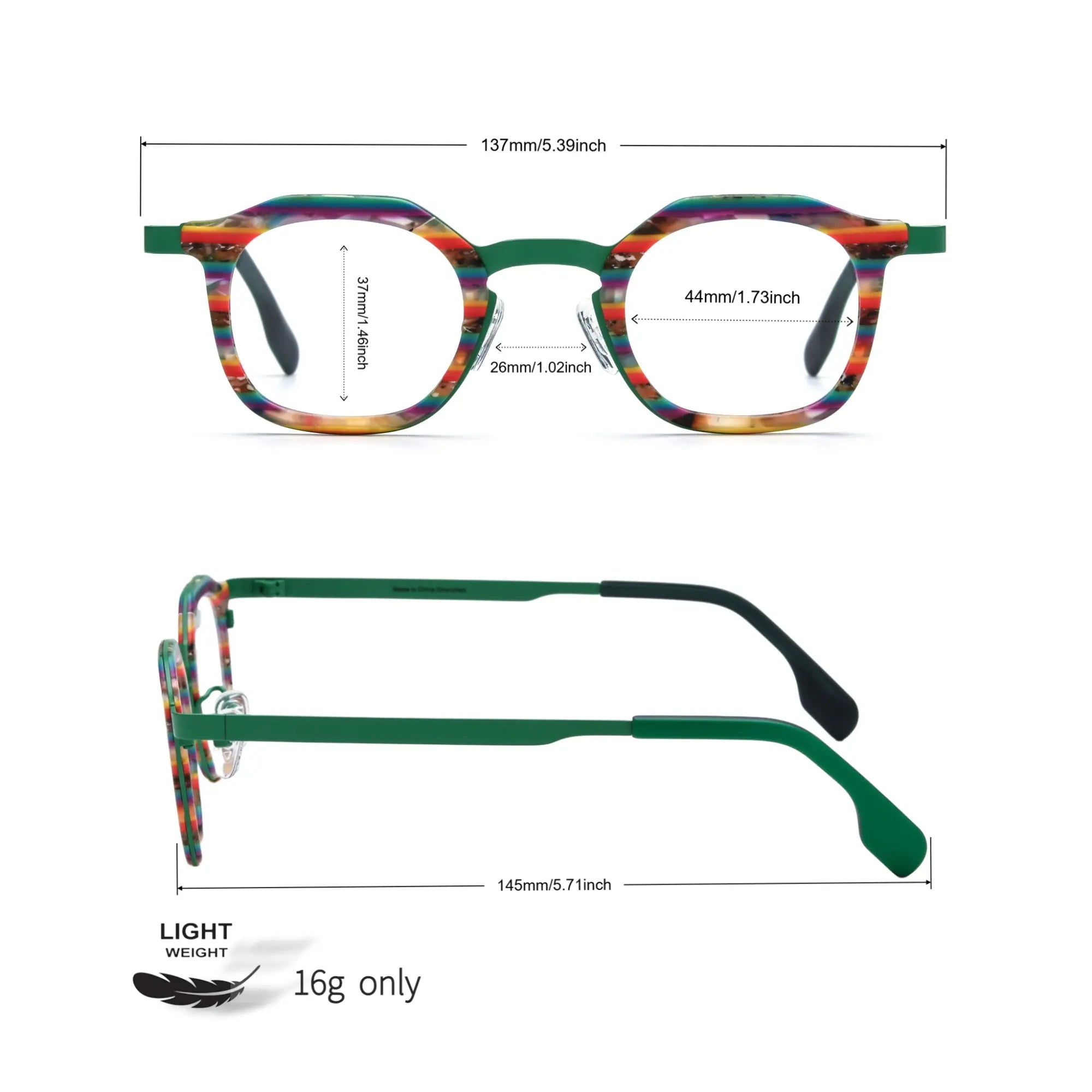 Size chart of VoyueLens™ Aurora Stripe square eyeglasses with measurements.
