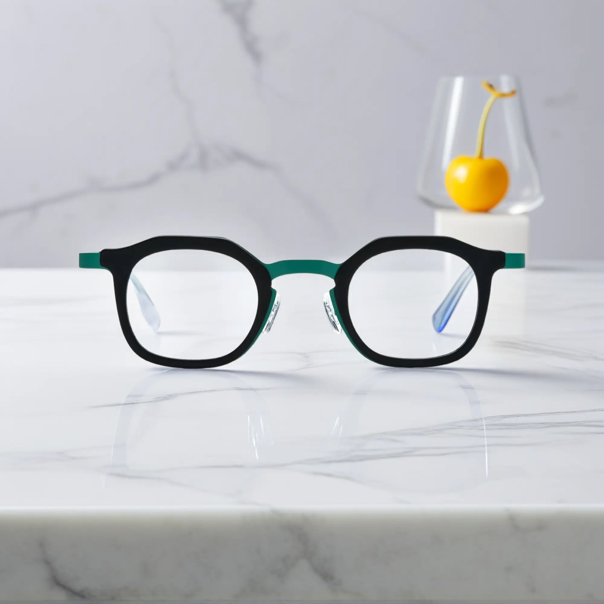 Front view of VoyueLens™ Forest Frost square eyeglasses with a forest green acetate frame with frosted silver titanium temples.
