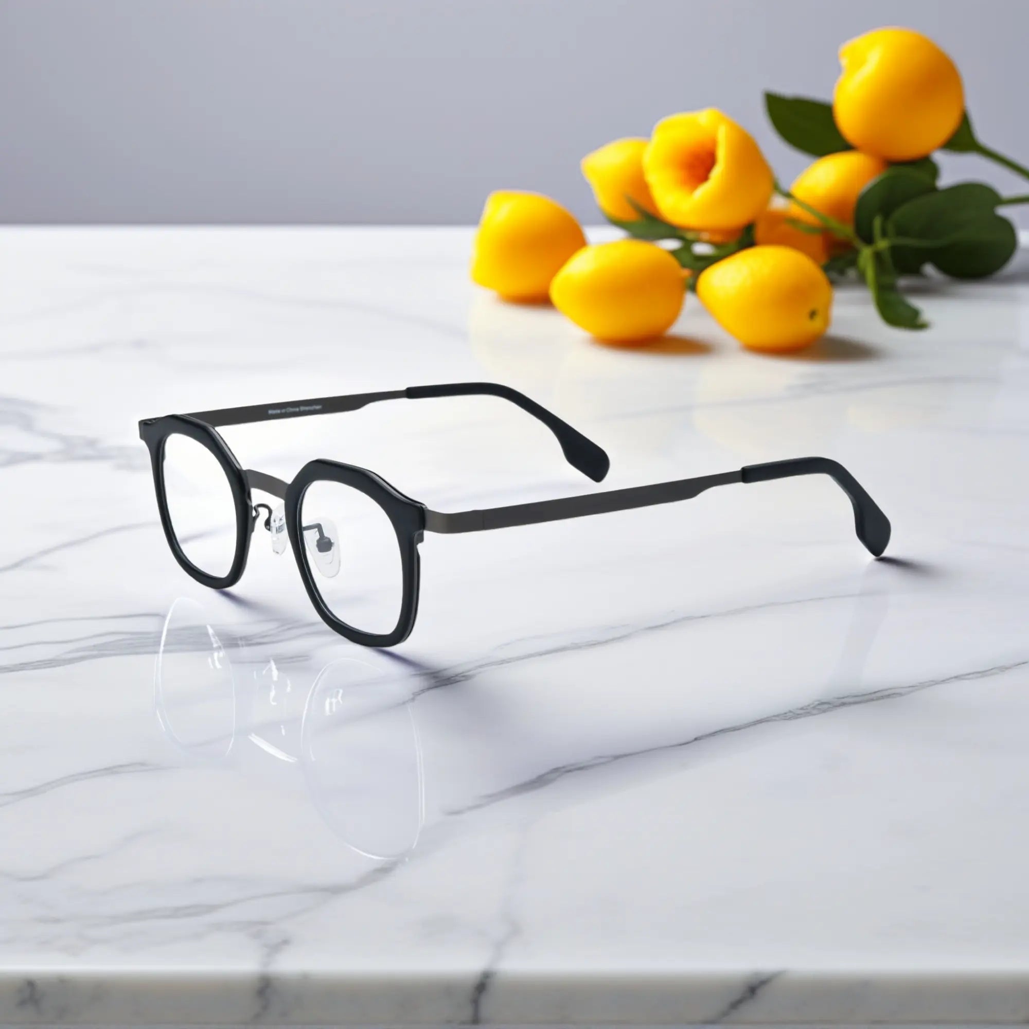 Side view of VoyueLens™ Graphite Mist square eyeglasses a matte grey acetate front and black titanium temples.