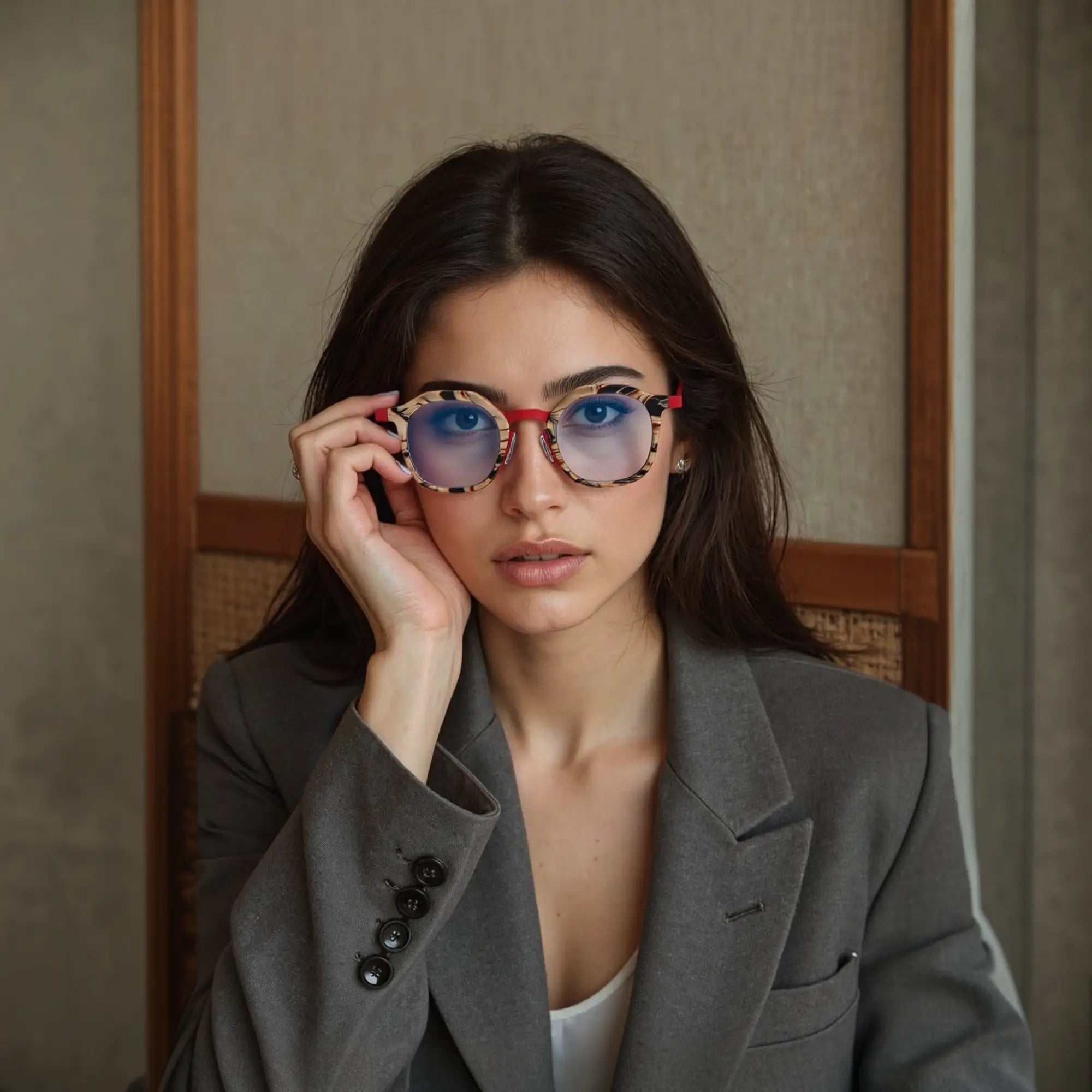 Model wearing VoyueLens™ Crimson Drift square eyeglasses with a warm red acetate front with amber pattern and clean titanium temples.