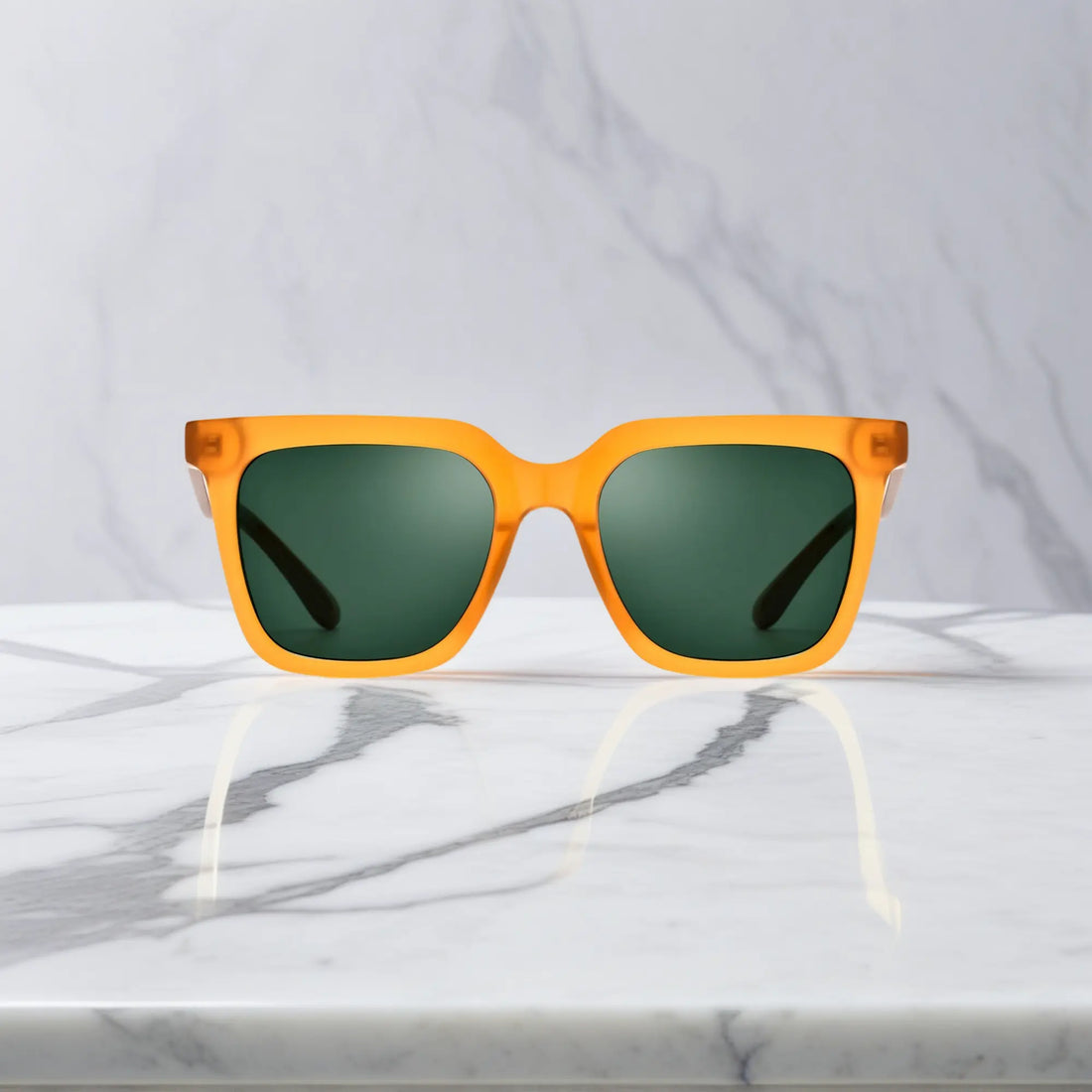 amber yellow frame square sunglasses front view with uv400 lens and size details by VoyueLens
